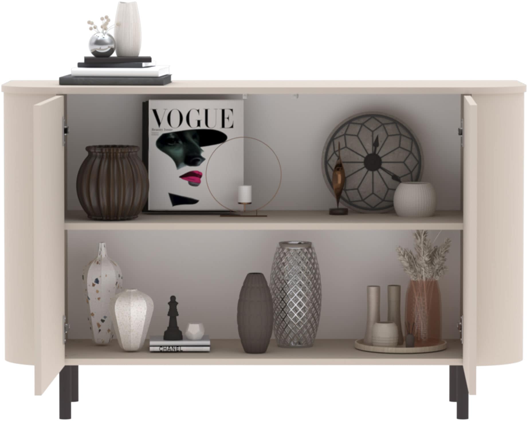 GOODproduct Sideboard »Lido, 131 cm breit, 2 Türen, Anrichte, Kommode, Stauraumschrank« Formgebogenes MDF, Stirnseiten mit Rundung, Push-to-open, Metallfüsse