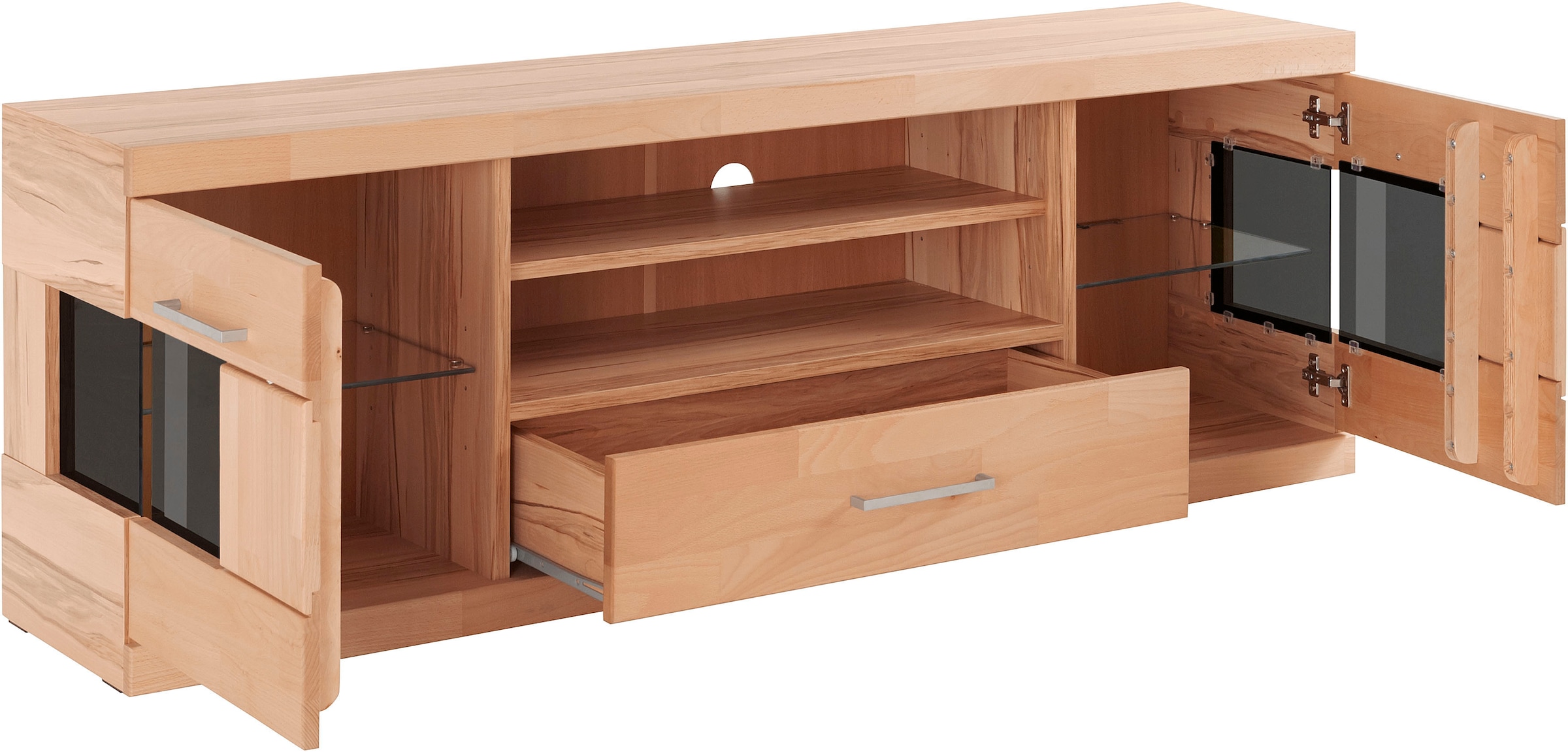 GOODproduct Table basse »Ribe,160cm breit,55cm hoch,Oberplatte massiv« Korpus Holzwerkstoff,Glaseinsatz aus gehärtetem Glas,Böden versetzbar