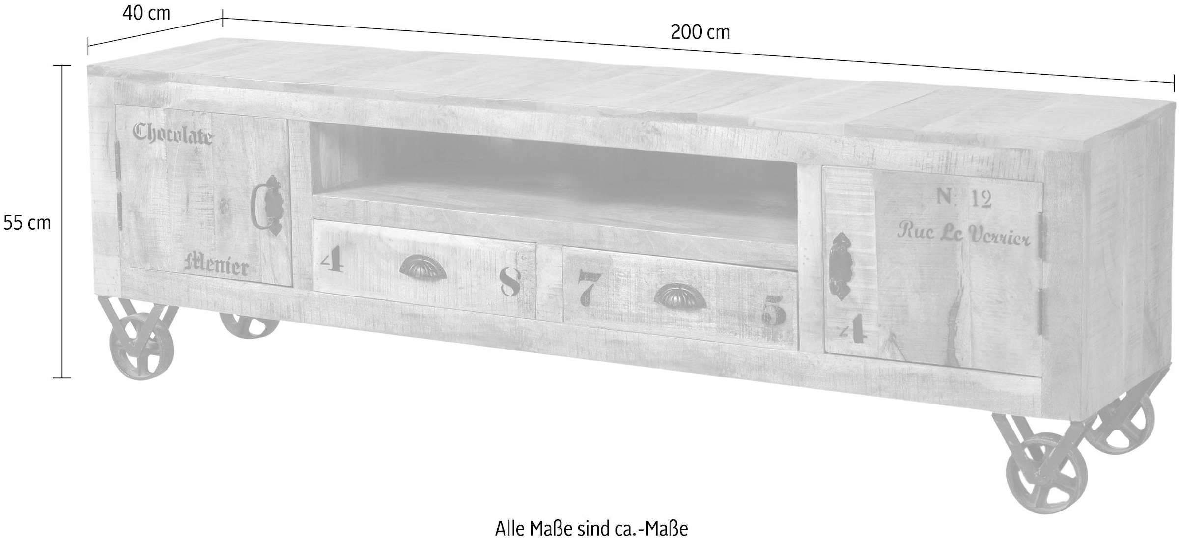 SIT Lowboard »Toledo aus Mangoholz mit Metallrollen im Vintage Used Look« Rustikales TV-Board mit 2 Türen, 2 Schubladen und Kabeldurchführung