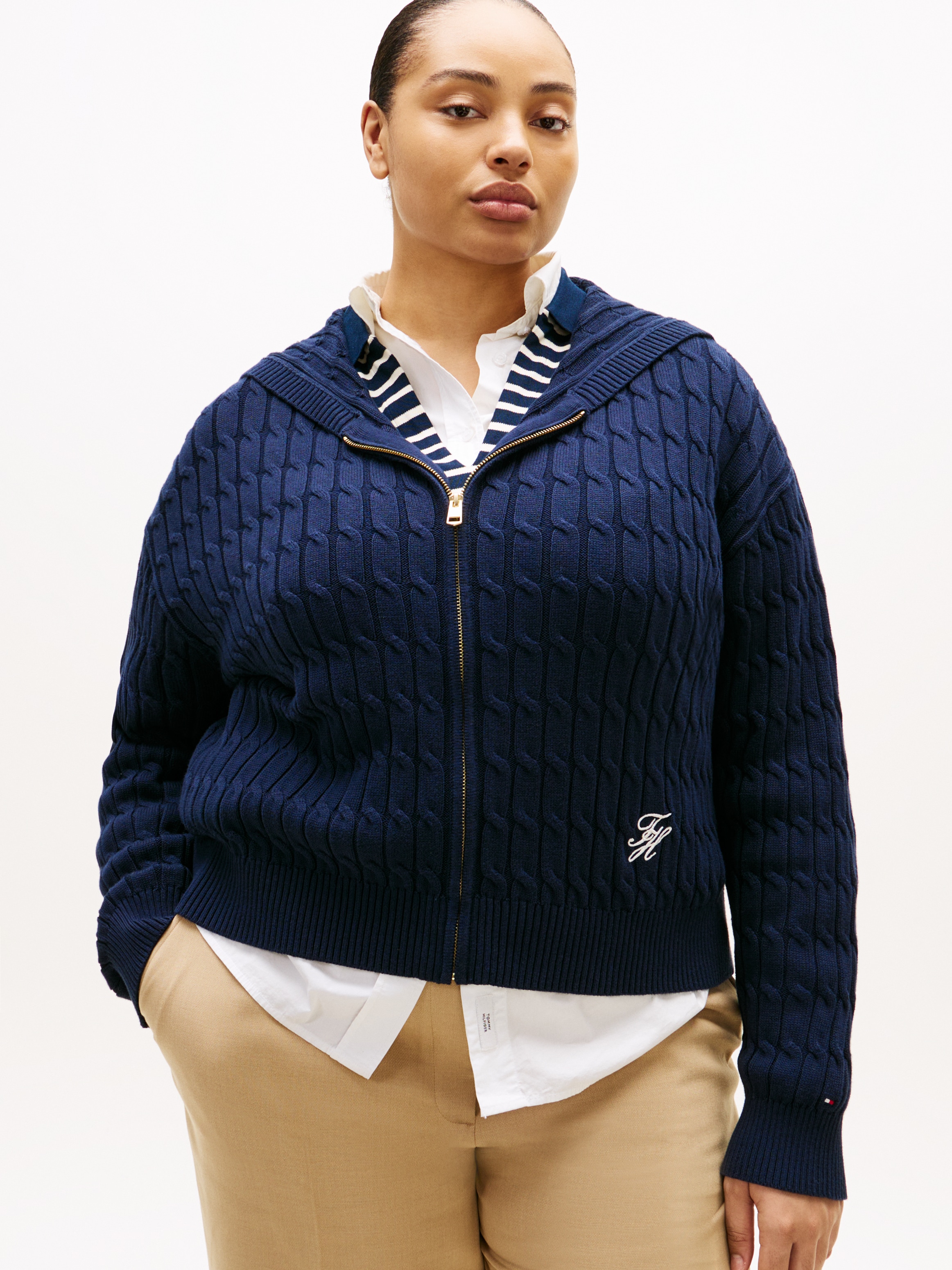 Tommy Hilfiger Curve Kapuzenstrickjacke »CRV CO CABLE MID GG LS ZIP HOODY« in grossen Grössen, mit Zopfmuster