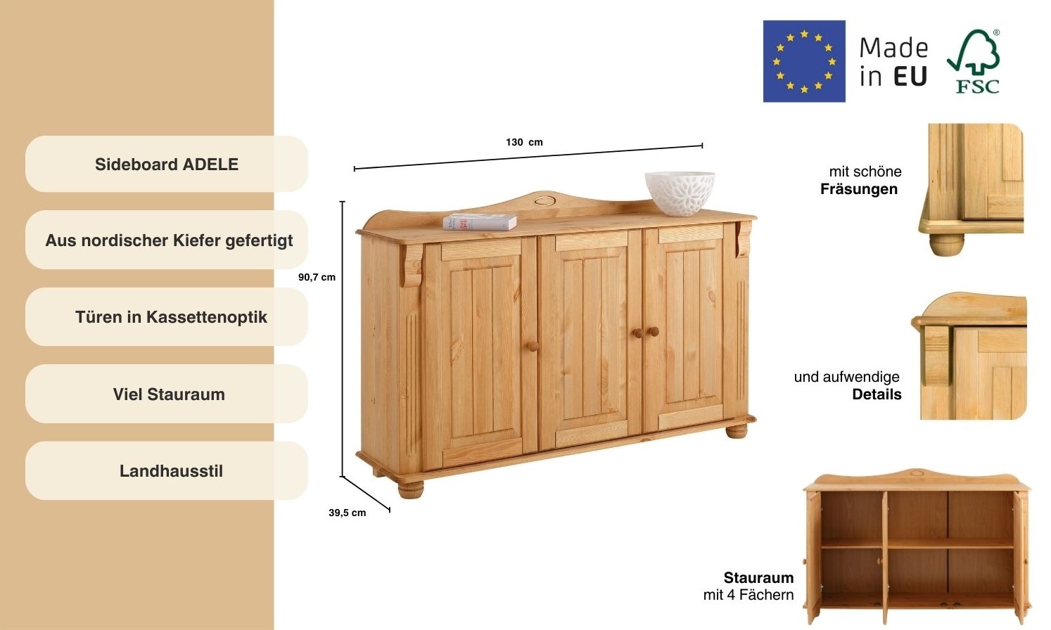 GOODproduct Sideboard »Adele« Kommode, 3-türig, Breite 130 cm, aus massiver Kiefer, FSC®