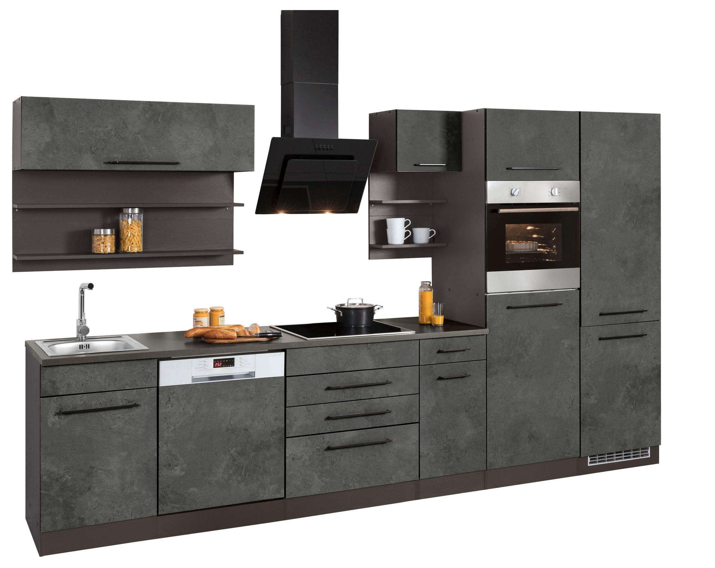 KOCHSTATION Küchenzeile »KS-Tulsa« ohne E-Geräte, Breite 330 cm, schwarze Metallgriffe, MDF Fronten