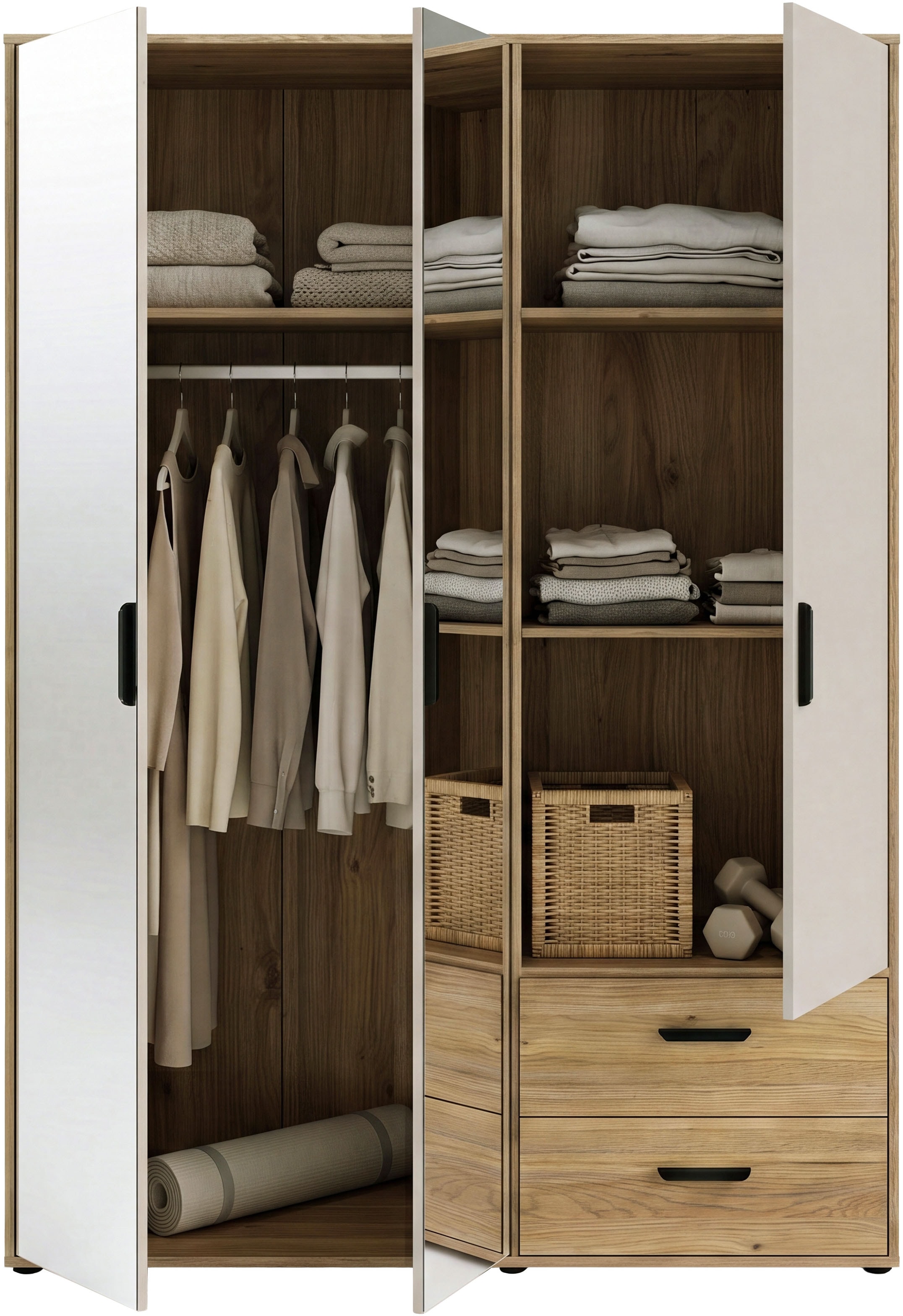 GOODproduct Kleiderschrank »AALOX, Spiegel, 3 Türen, 2 Schubladen, viel Stauraum, schwarze Griffe« Schrank ca. 140 bis 150 cm breit, schwarze Griffe, zeitloses Design