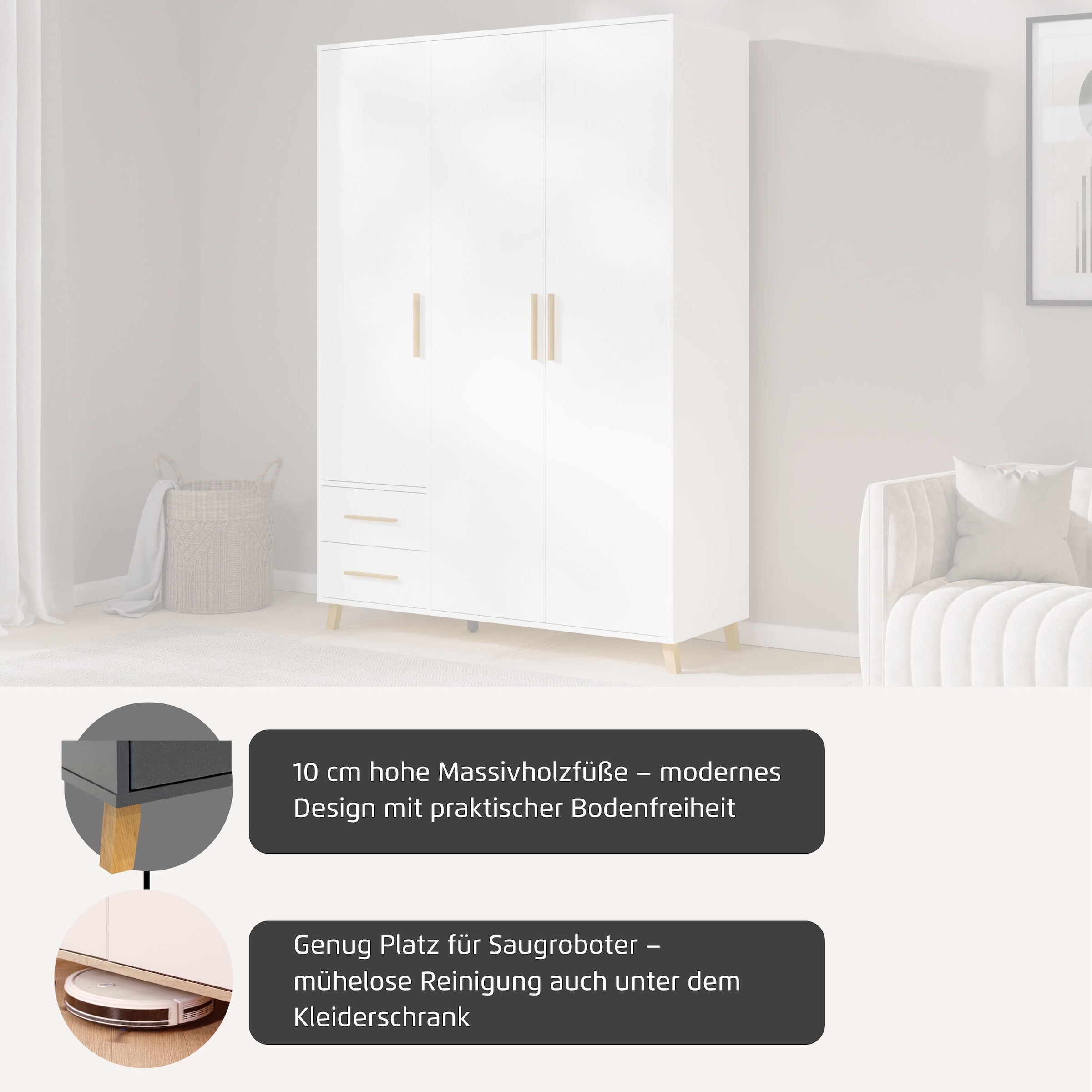 rauch 1100000002199 »Kleiderschrank Schrank Garderobe SHINJO Breiten 93/140/187 cm« in 3 verschiedenen Ausstattungen BASIC/CLASSIC/PREMIUM,  Griffe und Füsse aus Massivholz mit 2 Schubladen MADE IN GERMANY
