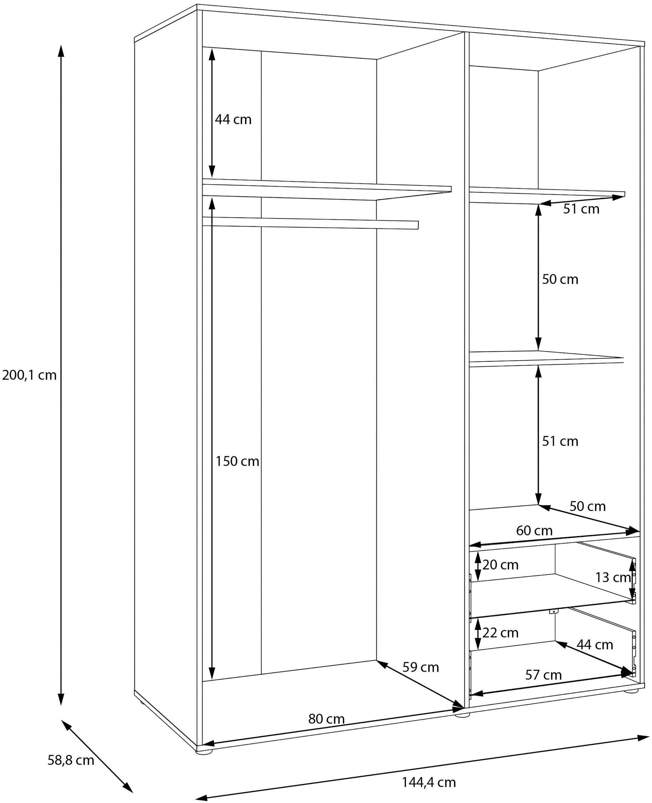 FORTE Armoires à vêtements »Mokkaris , Garderobe, zeitloses Design, 3 Türen, Made in Europe« L/H/P env. 144x200x59 cm,  Deux tiroirs, poignées barres noires, rangement, aussi en noir