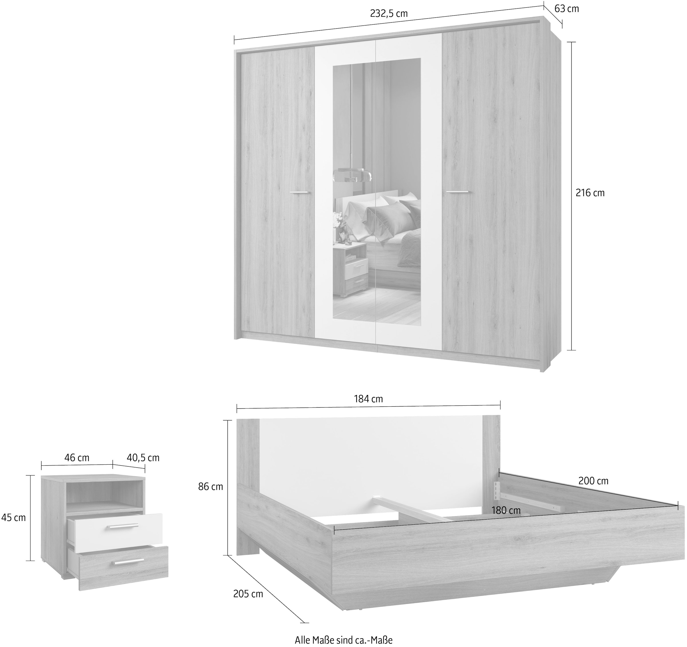 Home affaire Ensemble de chambre à coucher »Bitry,Set 4-St(Bett 180 cm, 2xNako, Drehtürenschrank)« Komplettschlafzimmer, viel Stauraum, fühlbare Struktur, Holzoptik