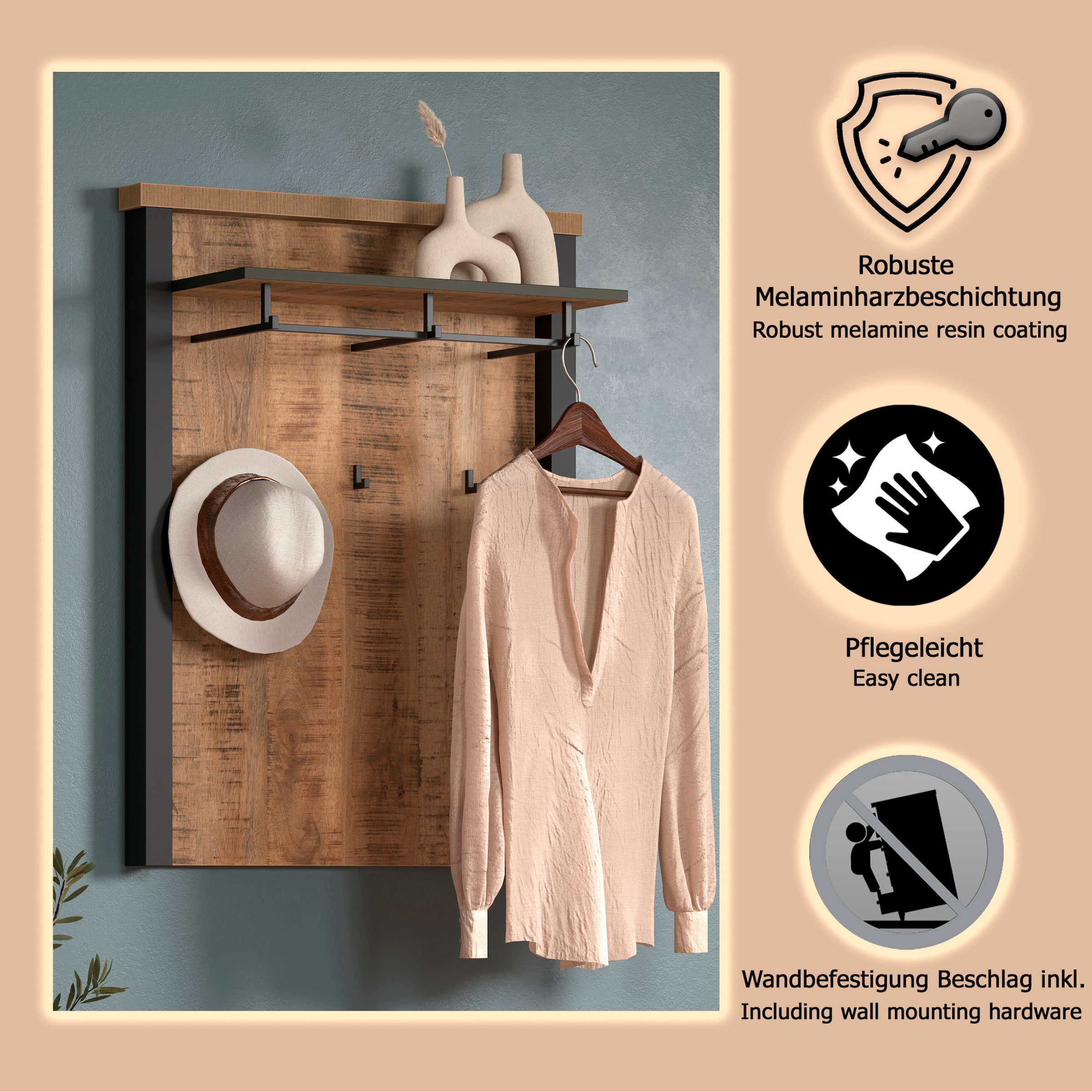 Home affaire Panneau de vestiaire »Elda« 1 cuis tlg. Wandpaneel mit Ablage, 1 Kleiderstange, 3 Haken – (B/T/H) 73/27/95 cm