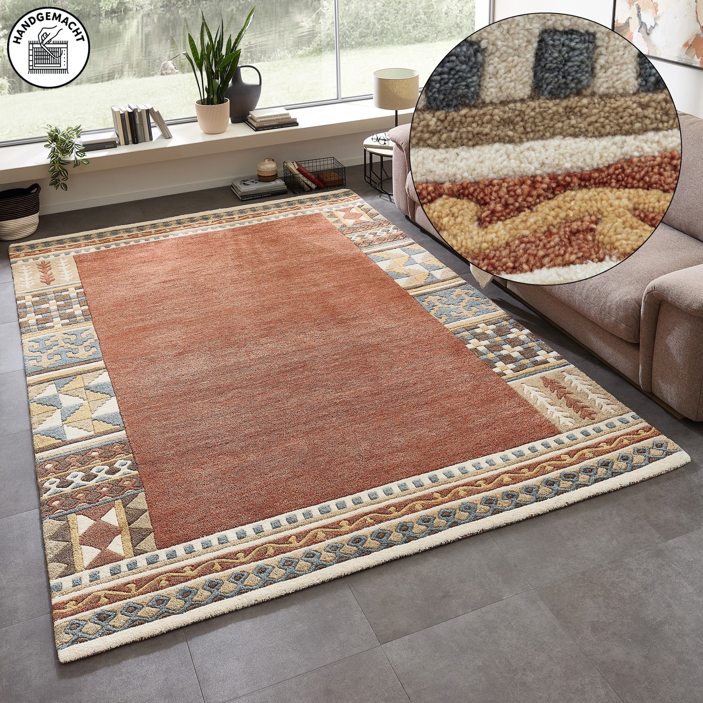 THEKO Wollteppich »Nuno, reine Wolle,  Handgefertigt, mit Bordüre« rechteckig 14 mm Höhe handgetuftet, Wohnzimmer, Schlafzimmer, Esszimmer, auch als Läufer