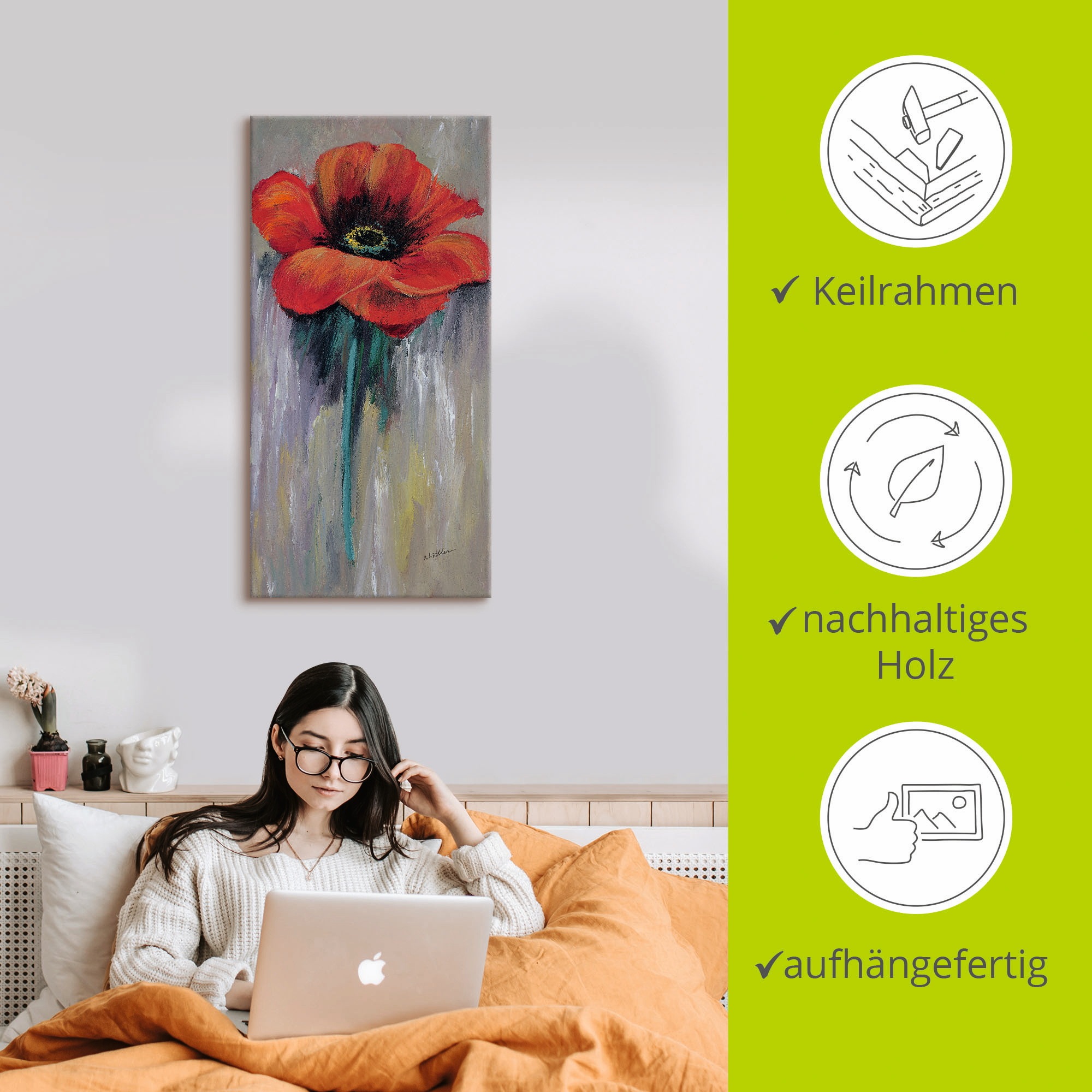 Artland Leinwandbild »Roter Mohn II« Blumen 1 Stk. tlg. auf Holzrahmen gespannt