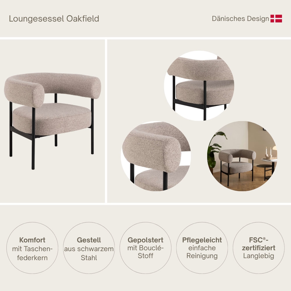 ACTONA GROUP Fauteuil lounge »Oakfield, Polstersessel, Relaxsessel, mit Armlehnen, Hoher Komfort« moderne, tissu beige, pieds noirs, ressorts ensachés, hauteur d'assise : 43,5 cm