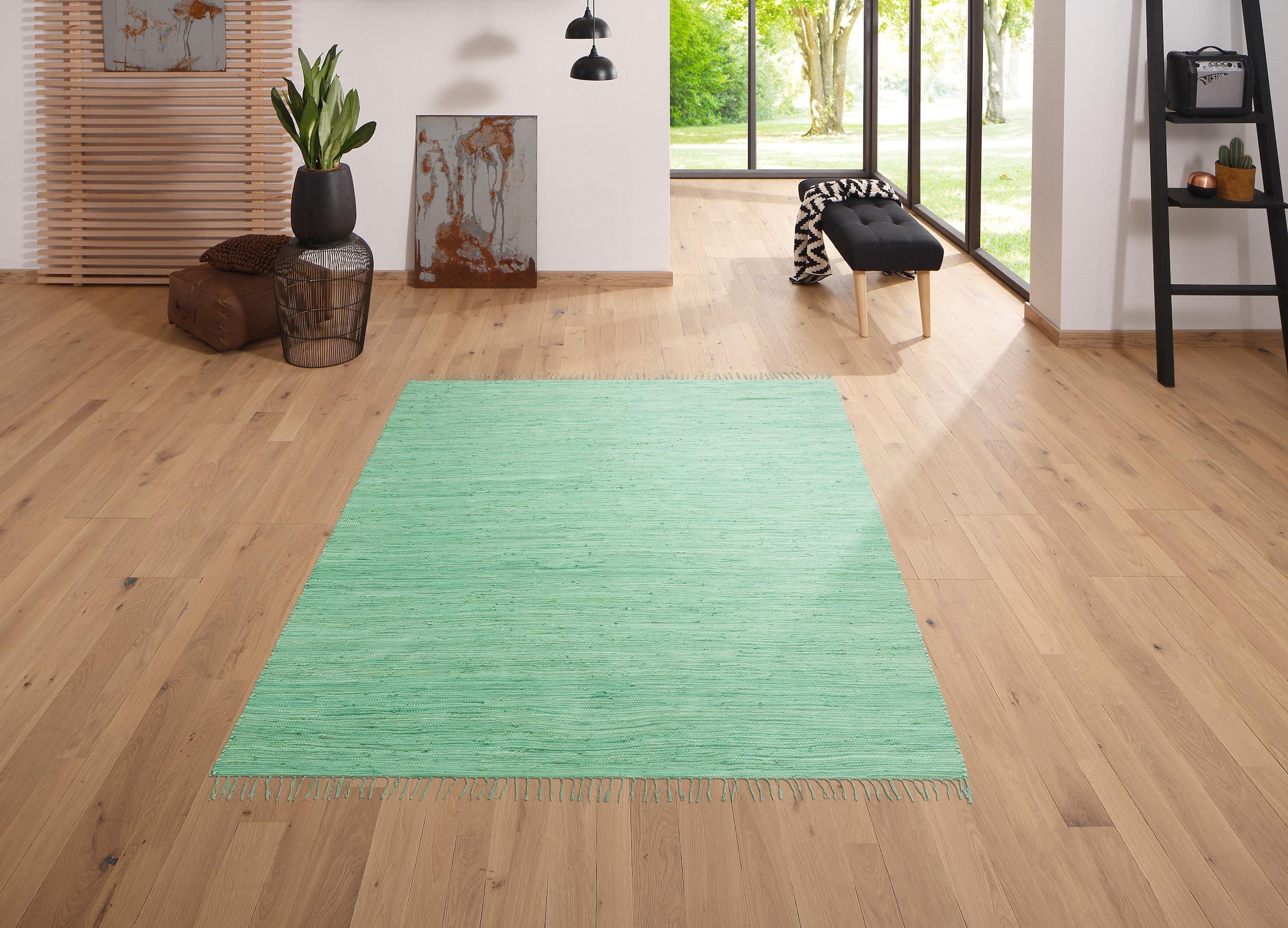 my home Teppich »Ares« rechteckig 5 mm Höhe Uni Farben, handgewebt, mit Fransen, reine Baumwolle, waschbar, Läufer