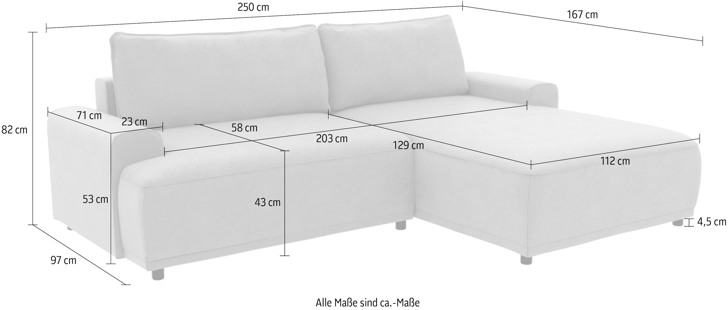 TRENDMANUFAKTUR Ecksofa »Fordon, Schlafsofa mit Bettkasten, Couch in L-Form, Breite 250 cm« in Struktur LUMOS, 3D-Effekt, sandgrau, Recamiere rechts