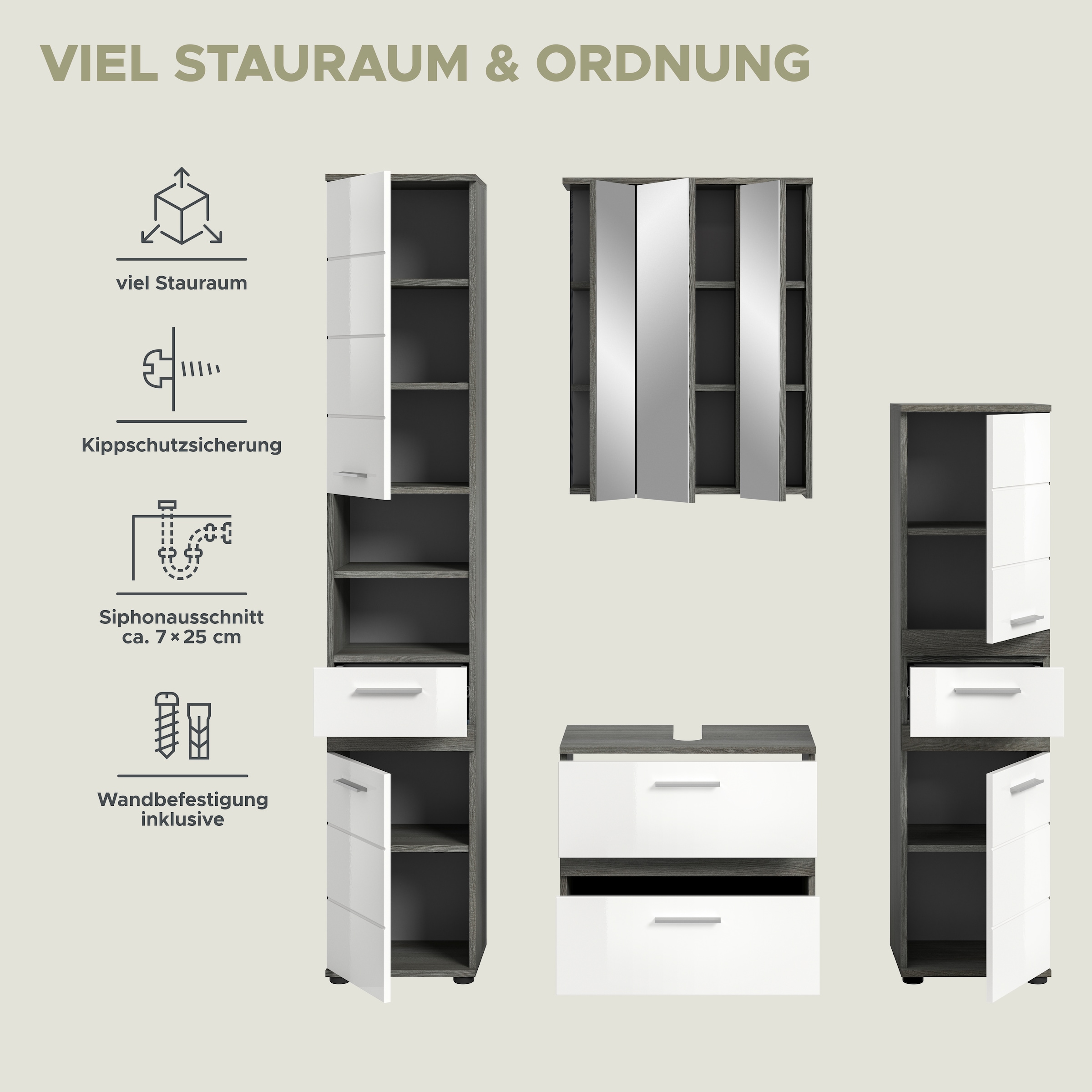 welltime Badmöbel-Set »LUCCA, 4-teilig, TOPSELLER!, MDF Hochglanzfront, bestehend aus:« Set, 4 Stk. tlg.