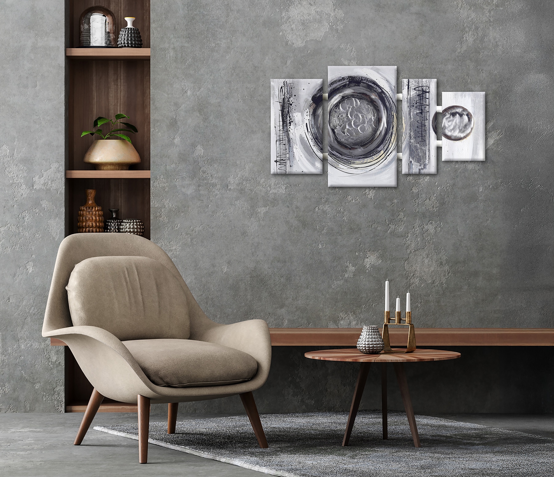 Bönninghoff Peinture à l'huile »handarbeit 4-teilig KREISE GRAU 70x124 cm – Wandbild Deko« Abstrait | Abstrait | Art | Formes | Tableau 1 cuis tlg. fabriqué à la main, chaque image est unique