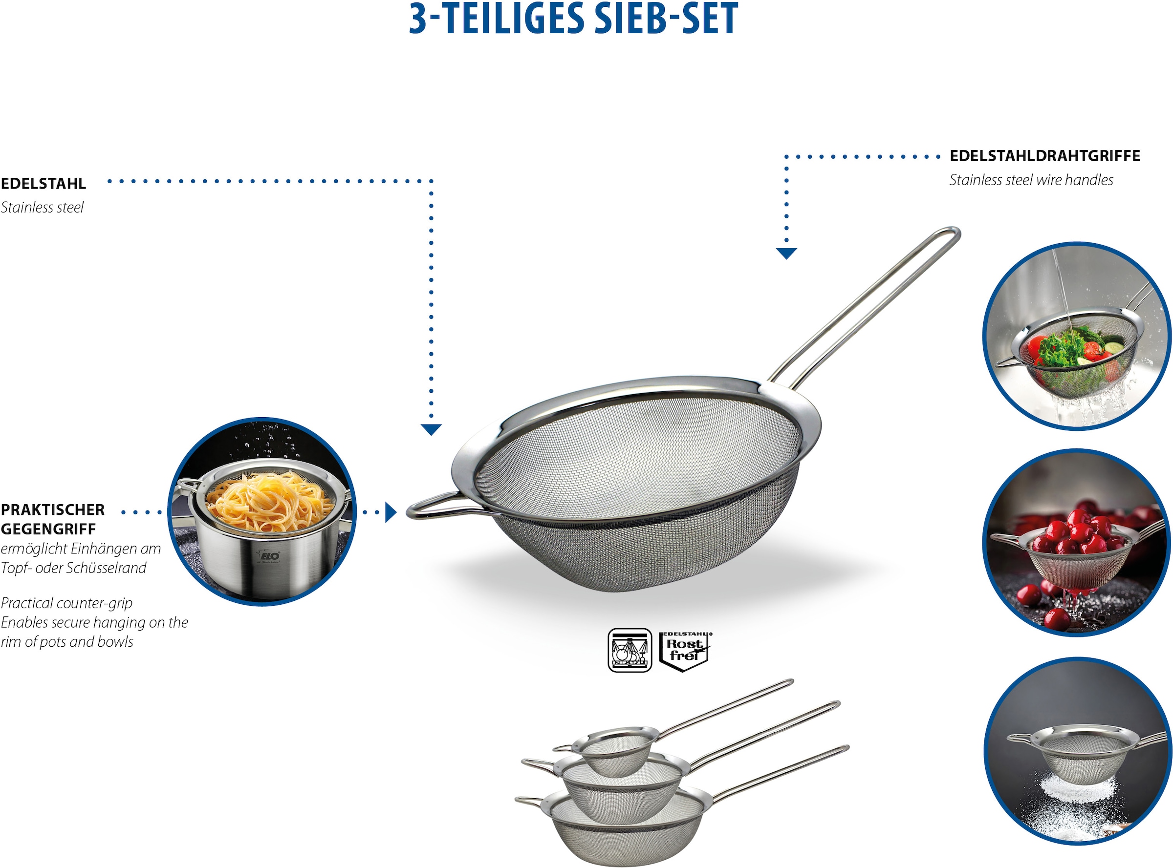 Elo Basic Passoire de cuisine »Sieb, Set 3-tlg.« Spülmaschinengeeignet