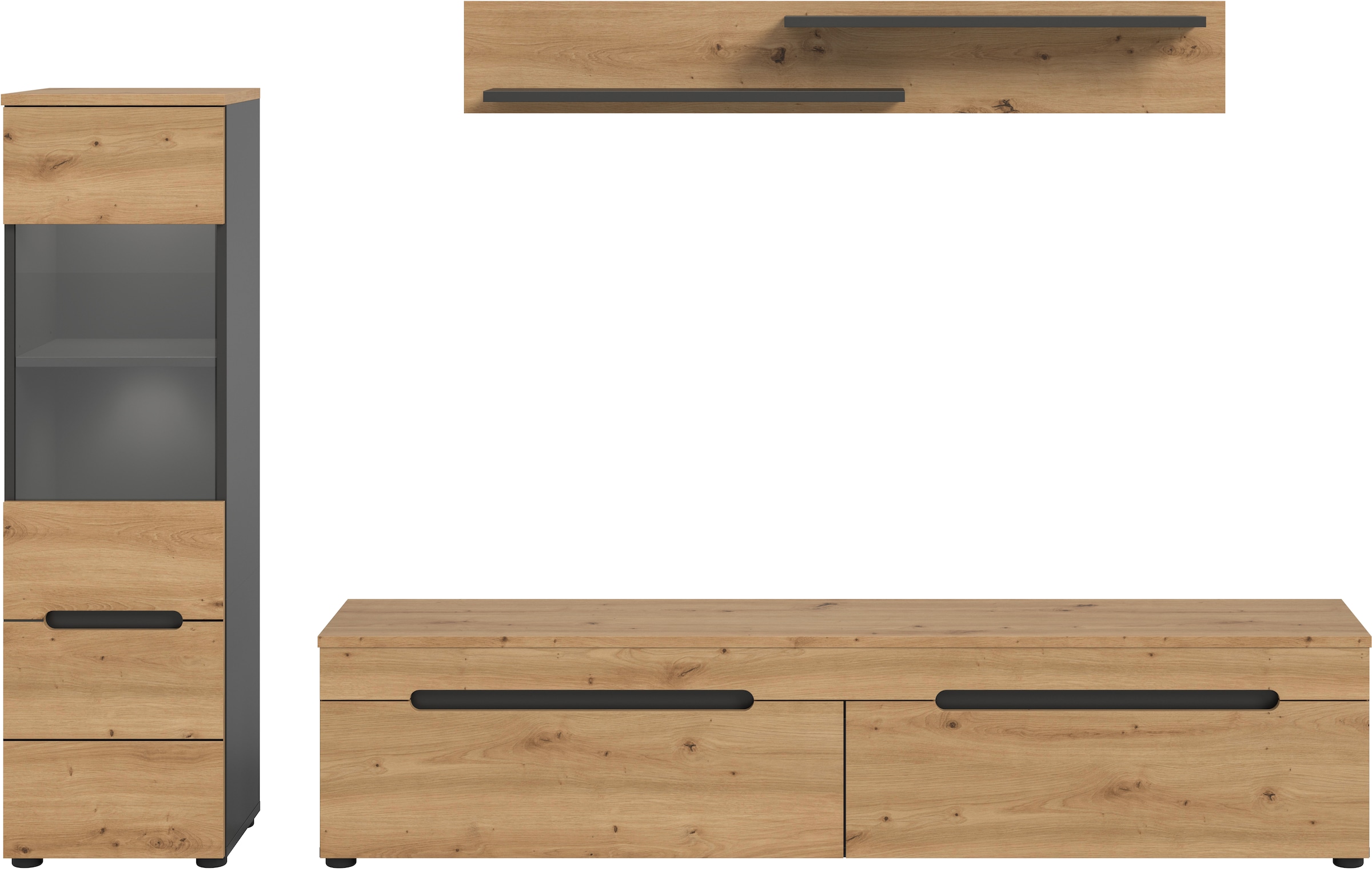 Home affaire Meuble mural »REHAT, TOPSELLER!, 3-teilig, inkl. Beleuchtung, stehend oder hängend« Set bestehend aus: Vitrine inkl. Beleuchtung, Lowboard und Wandboard, 3 cuis tlg.