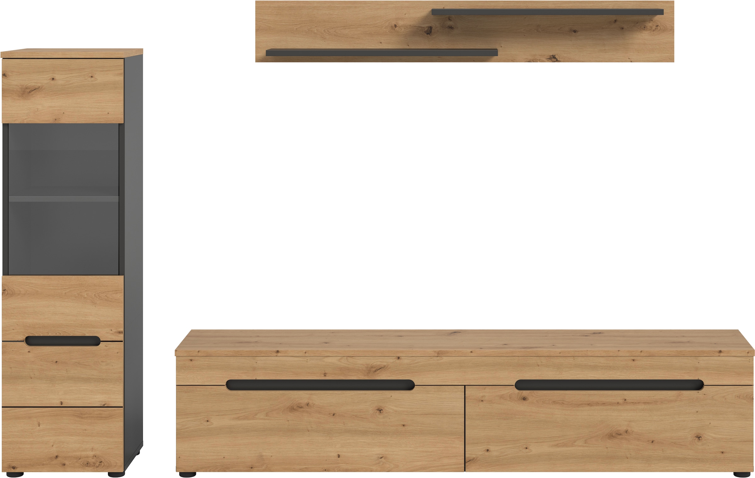 Home affaire Meuble mural »REHAT, TOPSELLER!, 3-teilig, wahlweise stehend und hängend montierbar« Set bestehend aus: Vitrine, Lowboard und Wandboard, 2 cuis tlg.