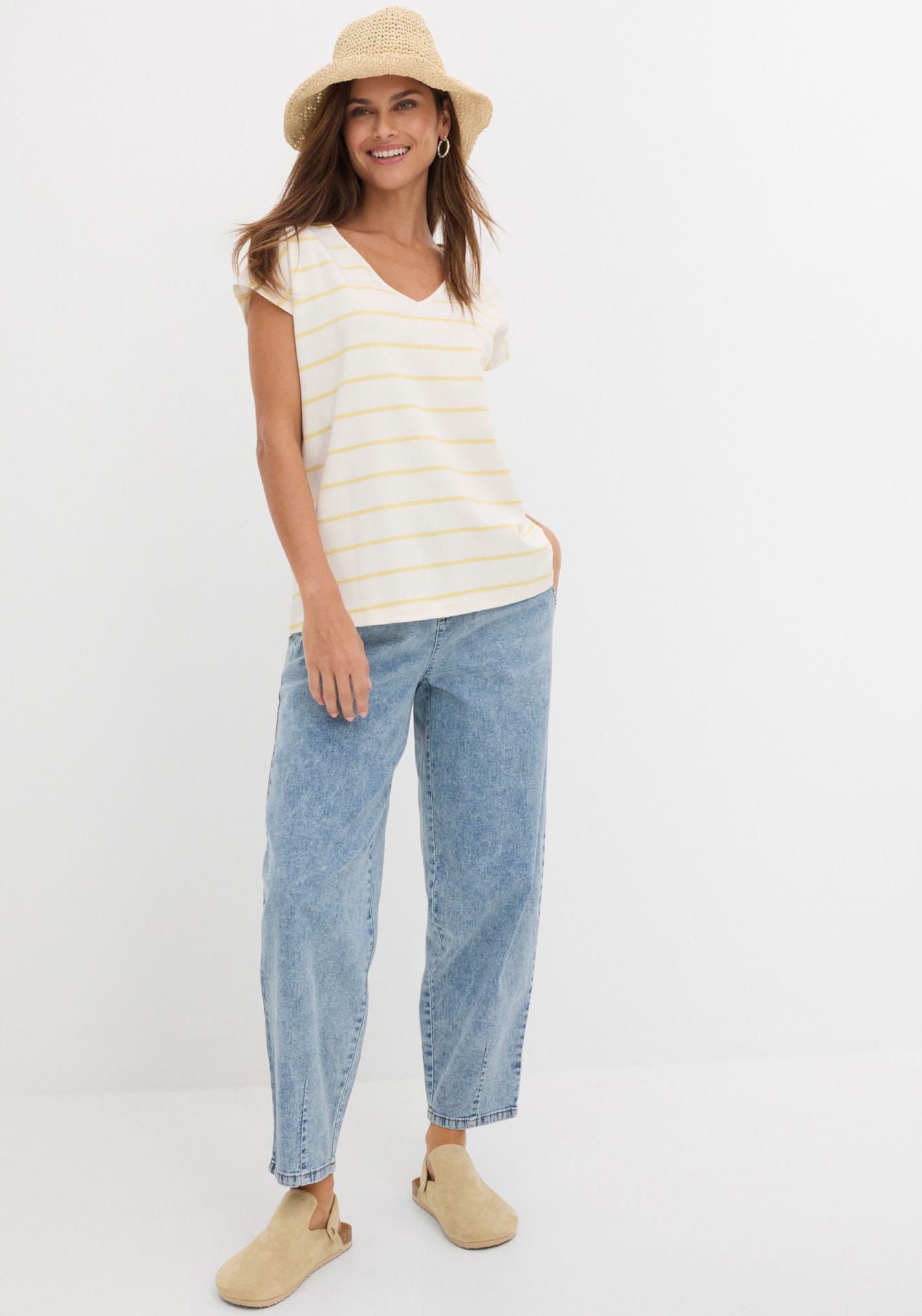 bonprix Jeans loose fit 1 forme barrel, avec ceinture élastique, avec élasthanne