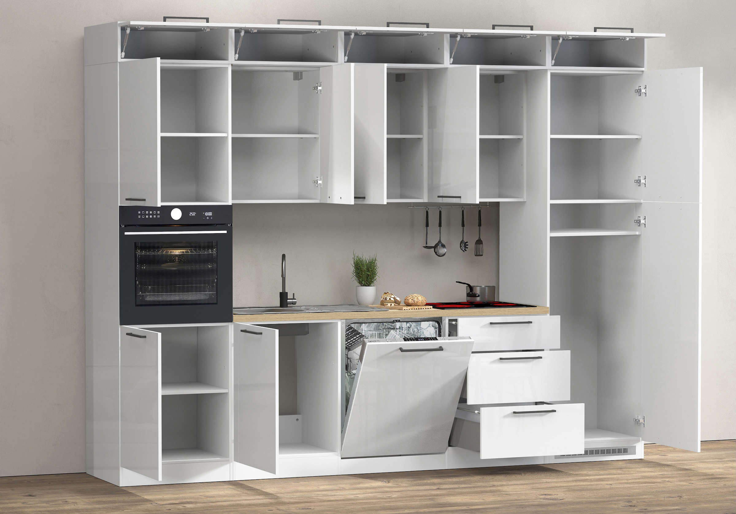 KOCHSTATION Kitchenette »Luna, Einbauküche, Zeilenküche, mit Soft-Close Funktion, Made in Italy« Breite 300 cm ohne E-Geräte, mit Spüle+Siphon und Aufsatz