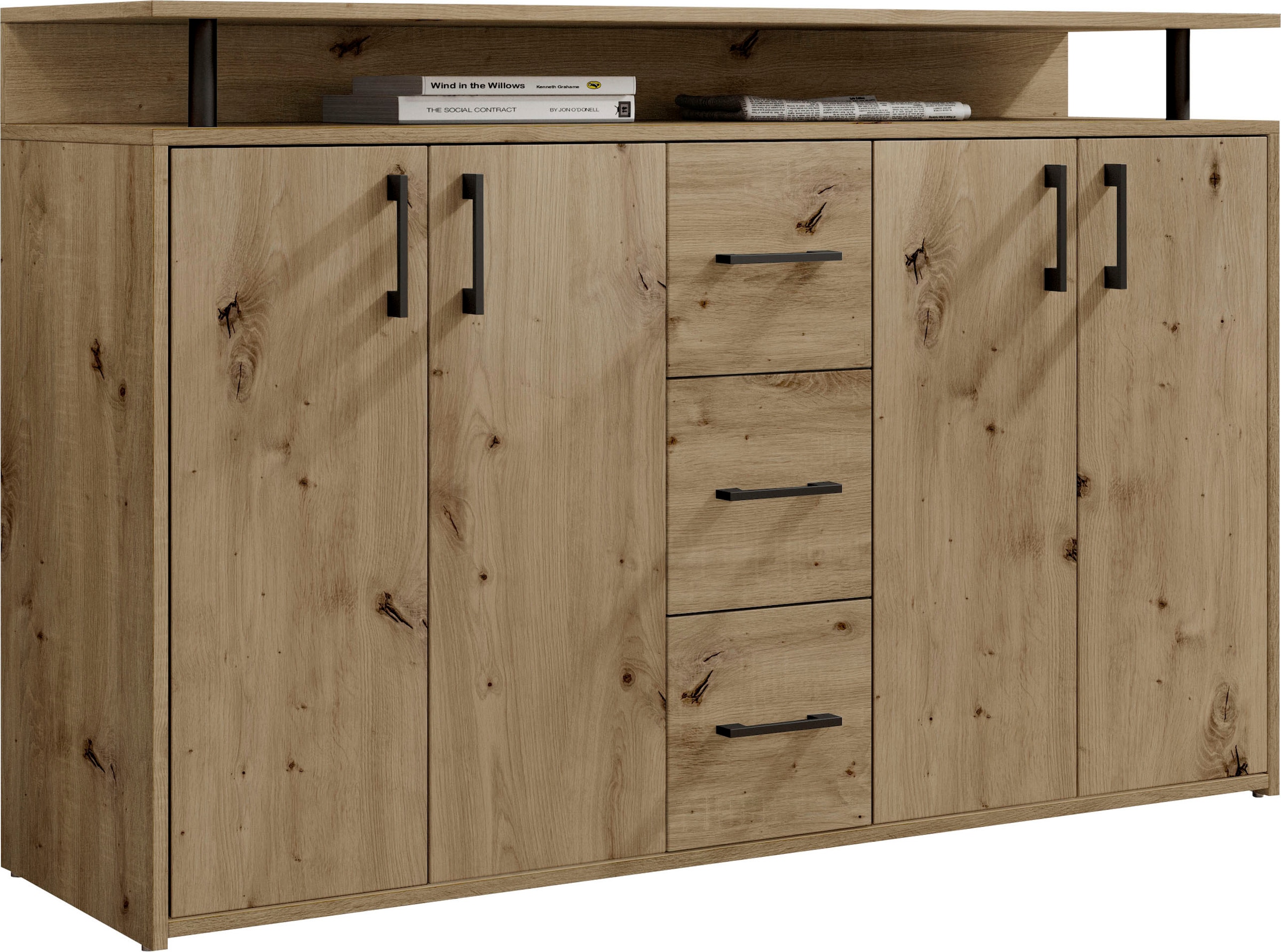 HBZ Sideboard »Drivno Sideboard, B/H/T 139x90x34 cm« Breite 139cm, Kugelauszug, Einlegeböden verstellbar, 3 Schubkästen
