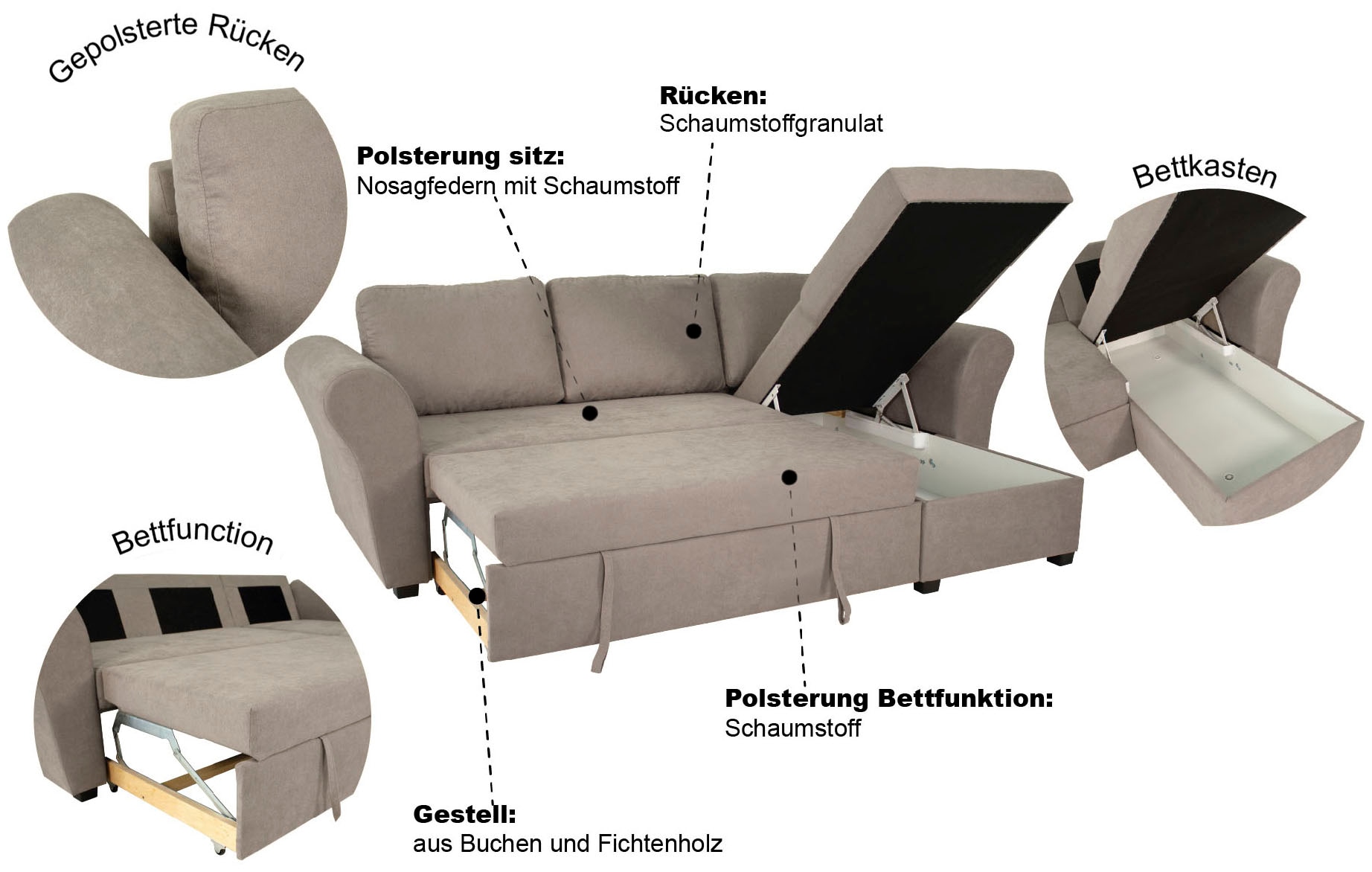Trends by HG Canapé d'angle »Lasse L-Form, B: 259 cm« mit Bettfunktion & Bettkasten