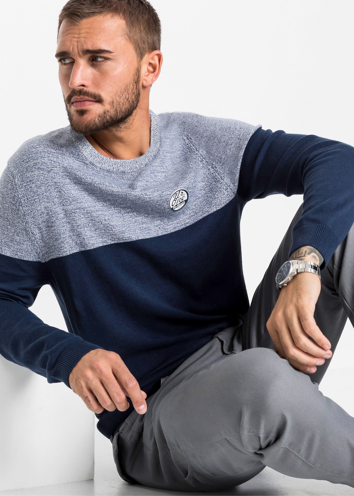 bonprix Strickpullover »Feinstrickpullover im Colourblocking mit Baumwolle« aus Baumwolle und Polyacryl, mit Rundhalsausschnitt, Regular Fit