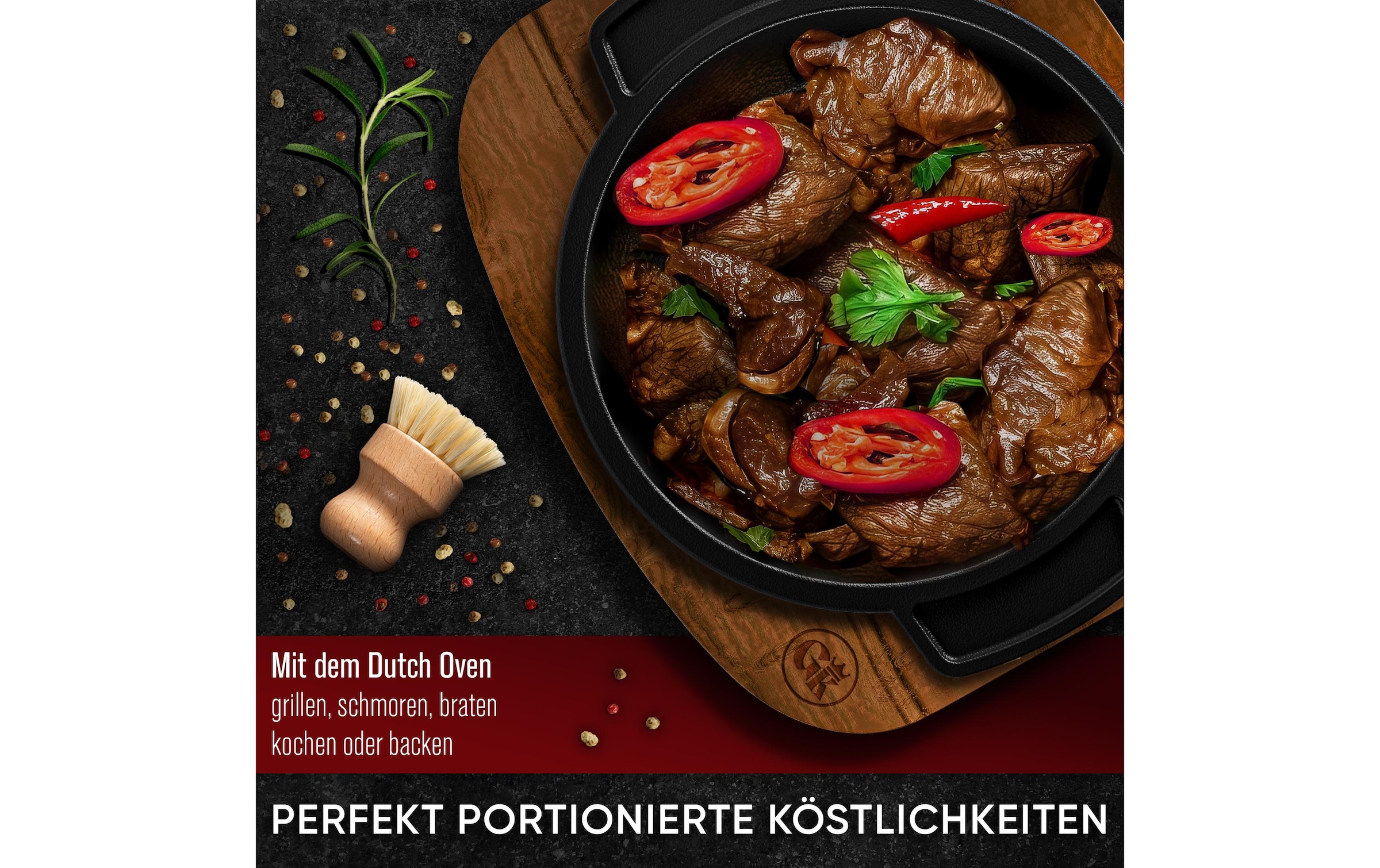   Grilltopf »Gusskoenig Mini Dutch Set 4 Töpfe, Untersetzer« Gusseisen 8 Stk. tlg. Set 4 Töpfe mit Holz-Untersetzern und Rezeptbuch