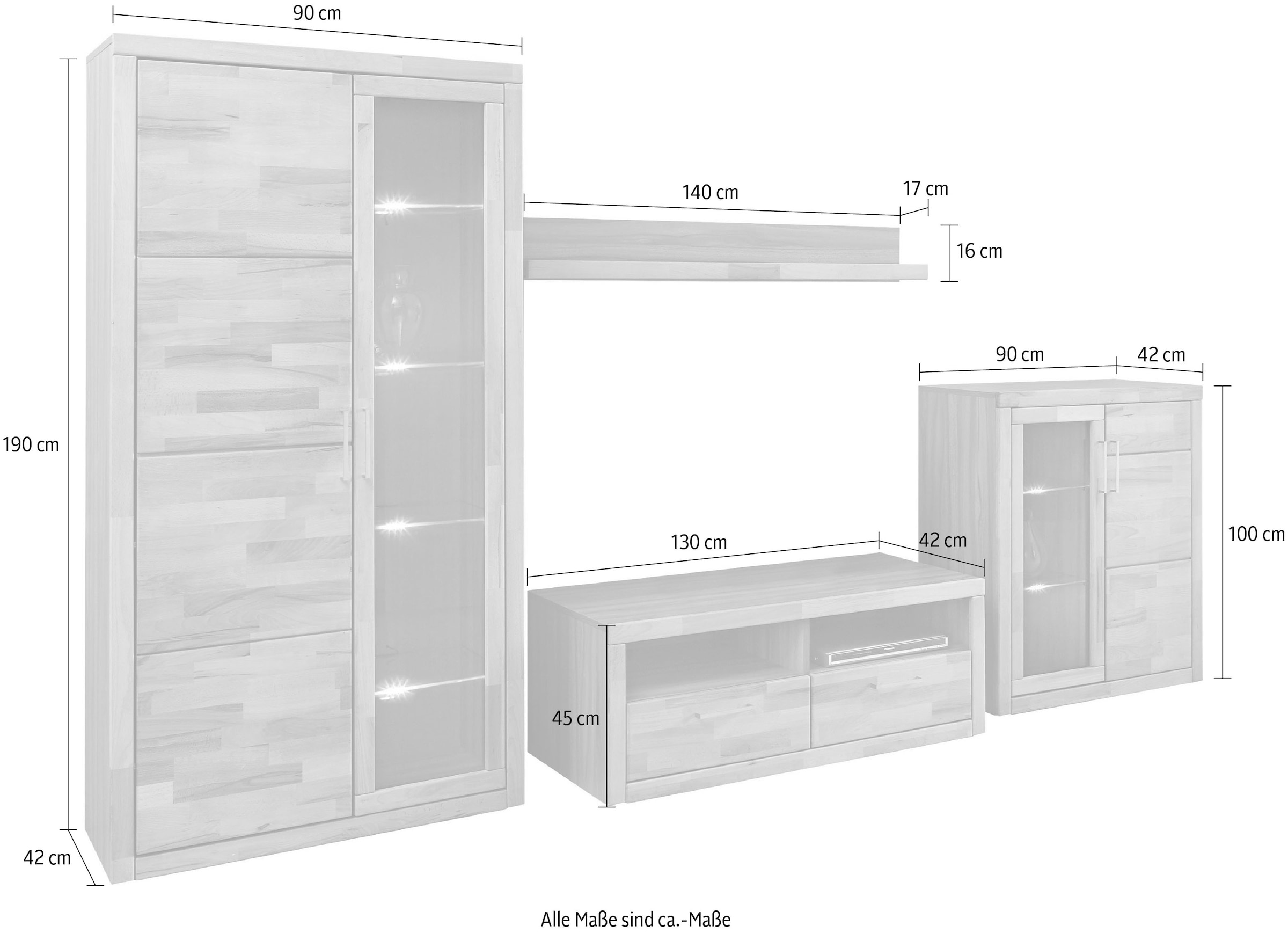 GOODproduct Wohnwand »Logo,Fronten Massivholz,Korpus Holzwekstoff,viel Stauraum« Set, 4 Stk. tlg.