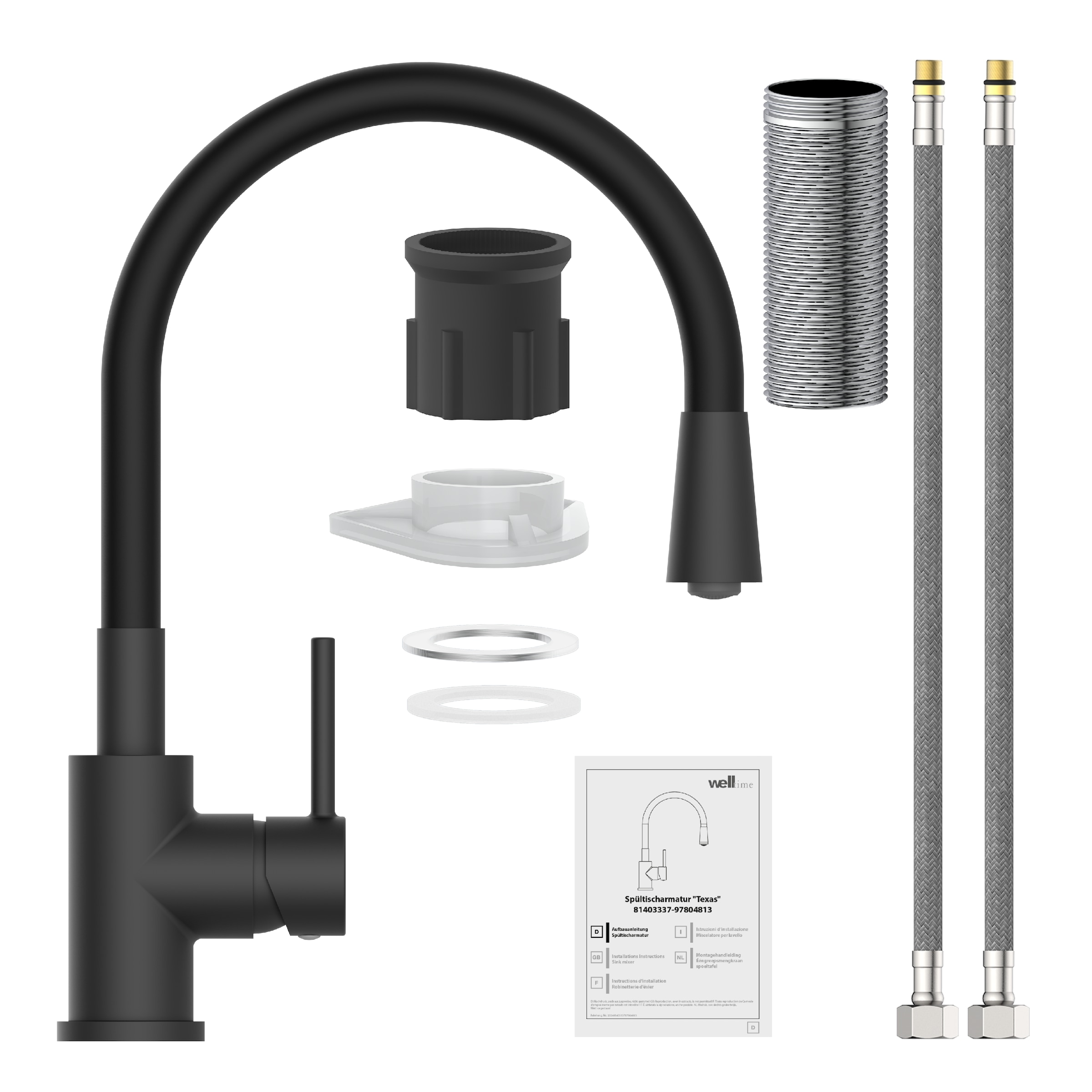 welltime Robinetterie de cuisine »TEXAS« robinet raccord central, pivotant à 360°, bec flexible