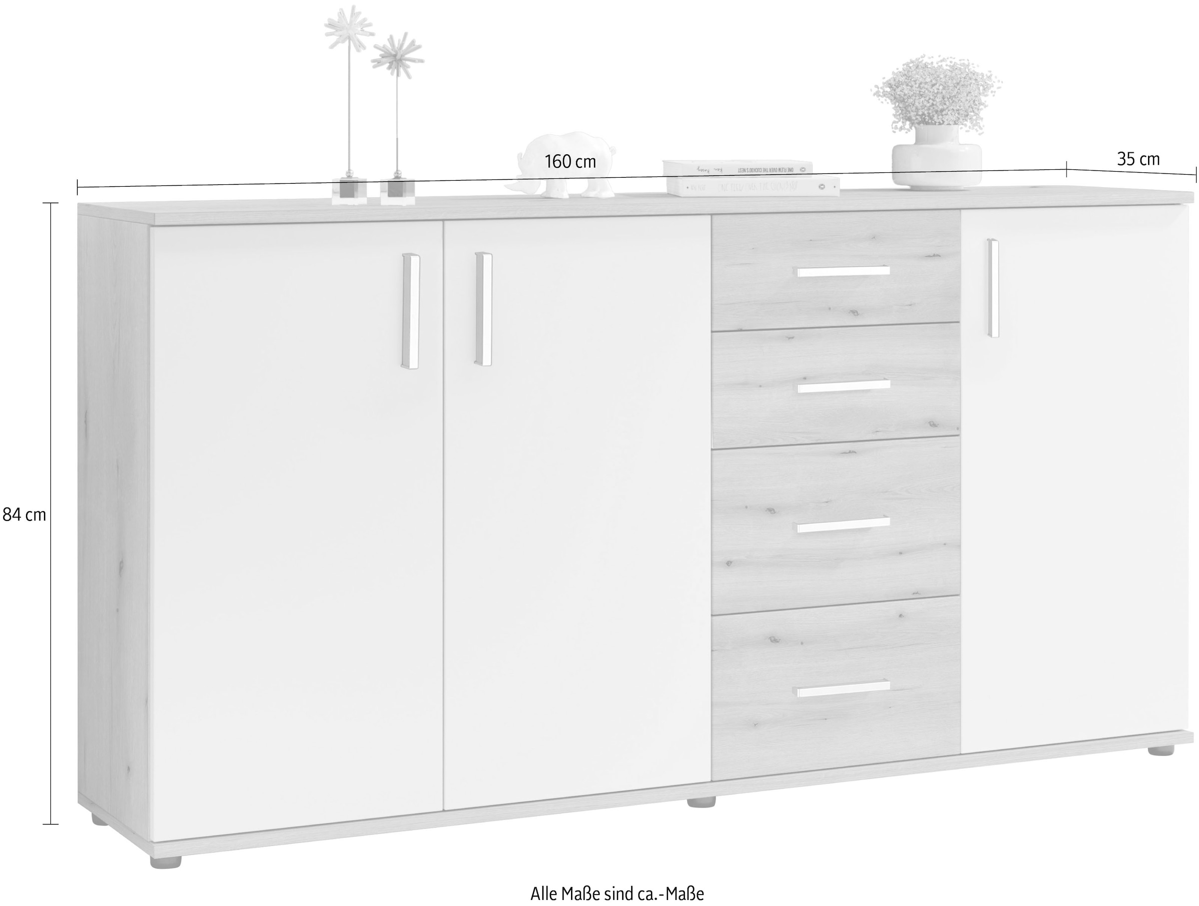 HBZ Kommode »BC-Drift-2, Sideboard Stellmass BxHxT 160x84x35 cm« 1 Stk. tlg. Sideboard mit 3 Türen und 4 Schubkästen, 2 Einlegeböden