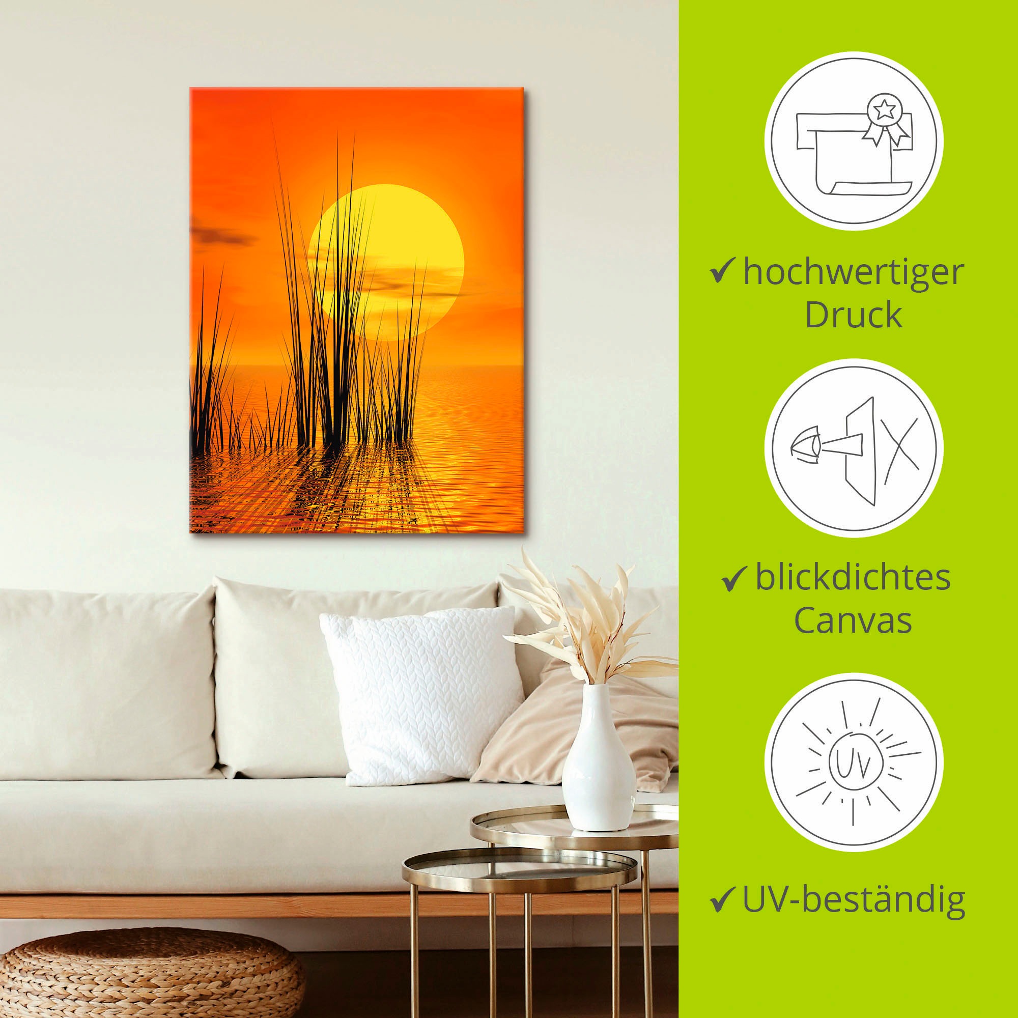 Artland Tableau sur toile »Sonnenuntergang mit Schilf« 1 cuis tlg. auf Holzrahmen gespannt