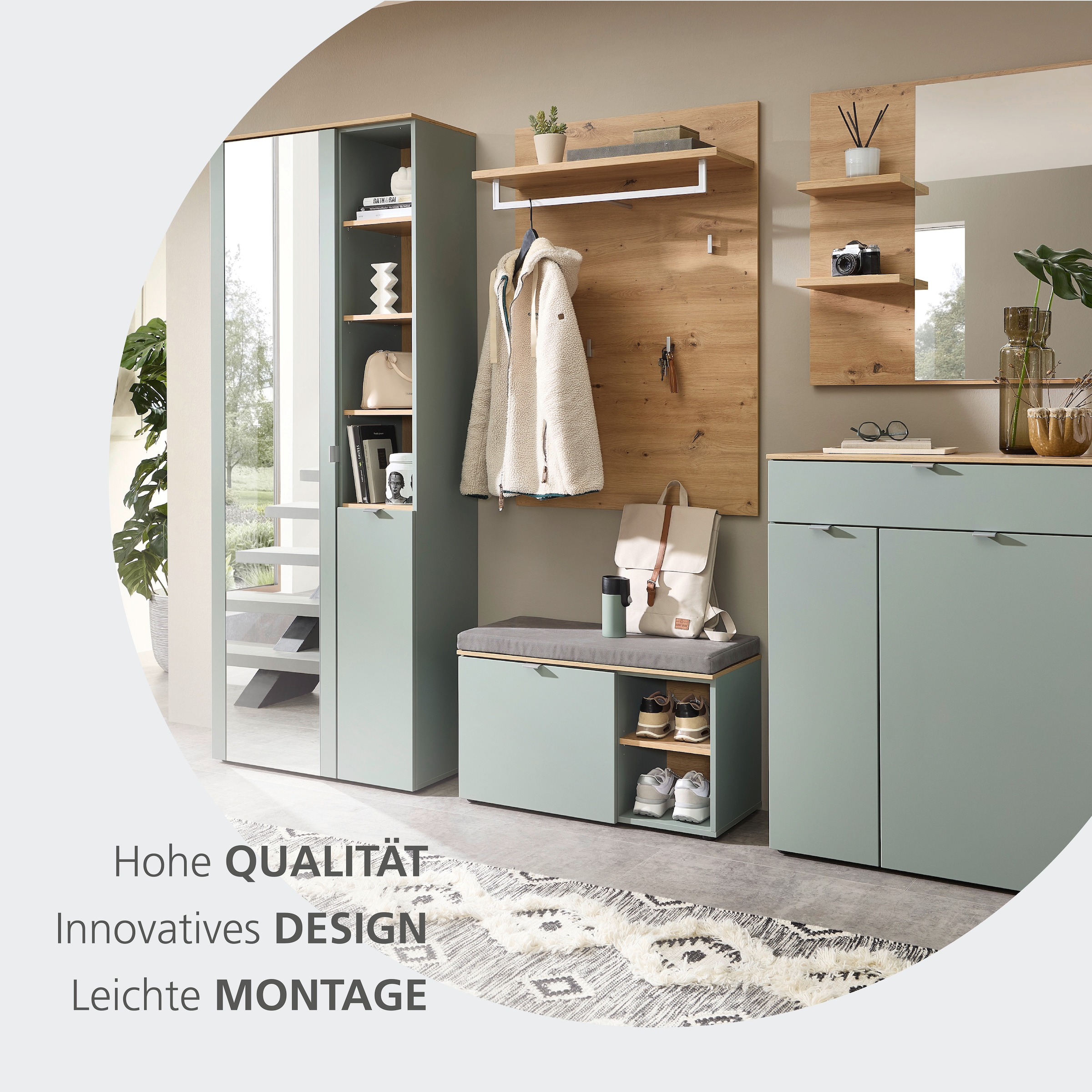 Innostyle Garderobenschrank »BARI Garderobenschrank mit Spiegel,  BxHxT 78x202x38 cm« 1 Stk. tlg. 2 türig, 10 Fächer, Softclose, ABS Kantenschutz, Kleiderstange