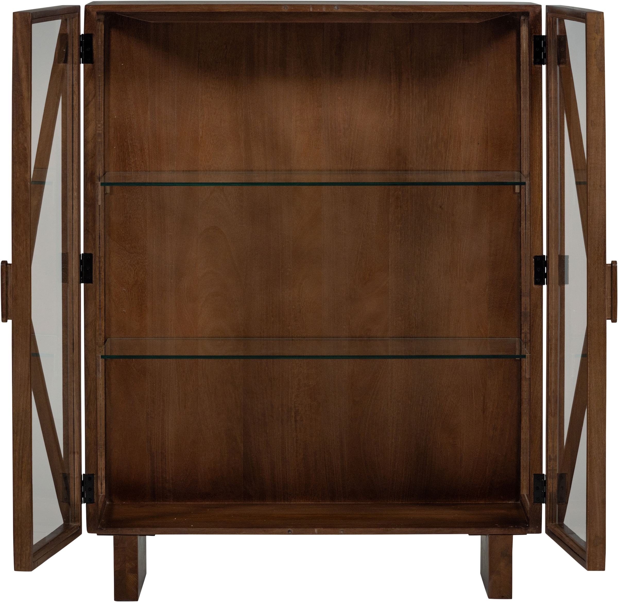 WOOOD Vitrines »Kella Mangoholz mit Glastüren und Glasablagen B 100 x D 44 x H 132 cm« fixation murale recommandée, capacité portante 5–7 kg par tablette en verre