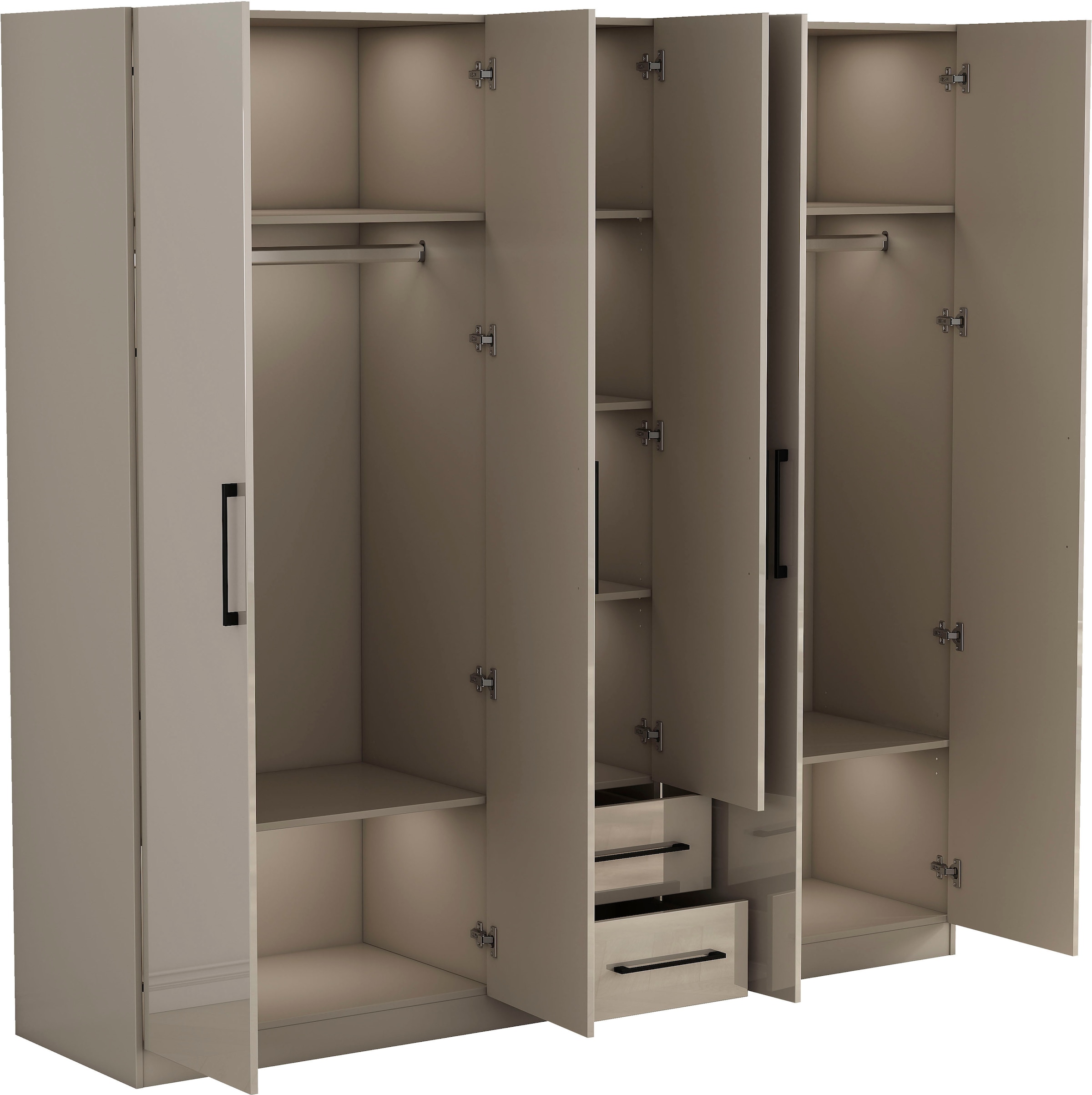 GOODproduct Armoires à vêtements »Sylt Schlafzimmerschrank Garderobe Schrank  in hochglanz weiss« 5 portes, 2 tiroirs, poignées noires modernes, 7 étagères,  Armoire à portes tournantes avec aménagement intérieur parfait, largeur 200cm