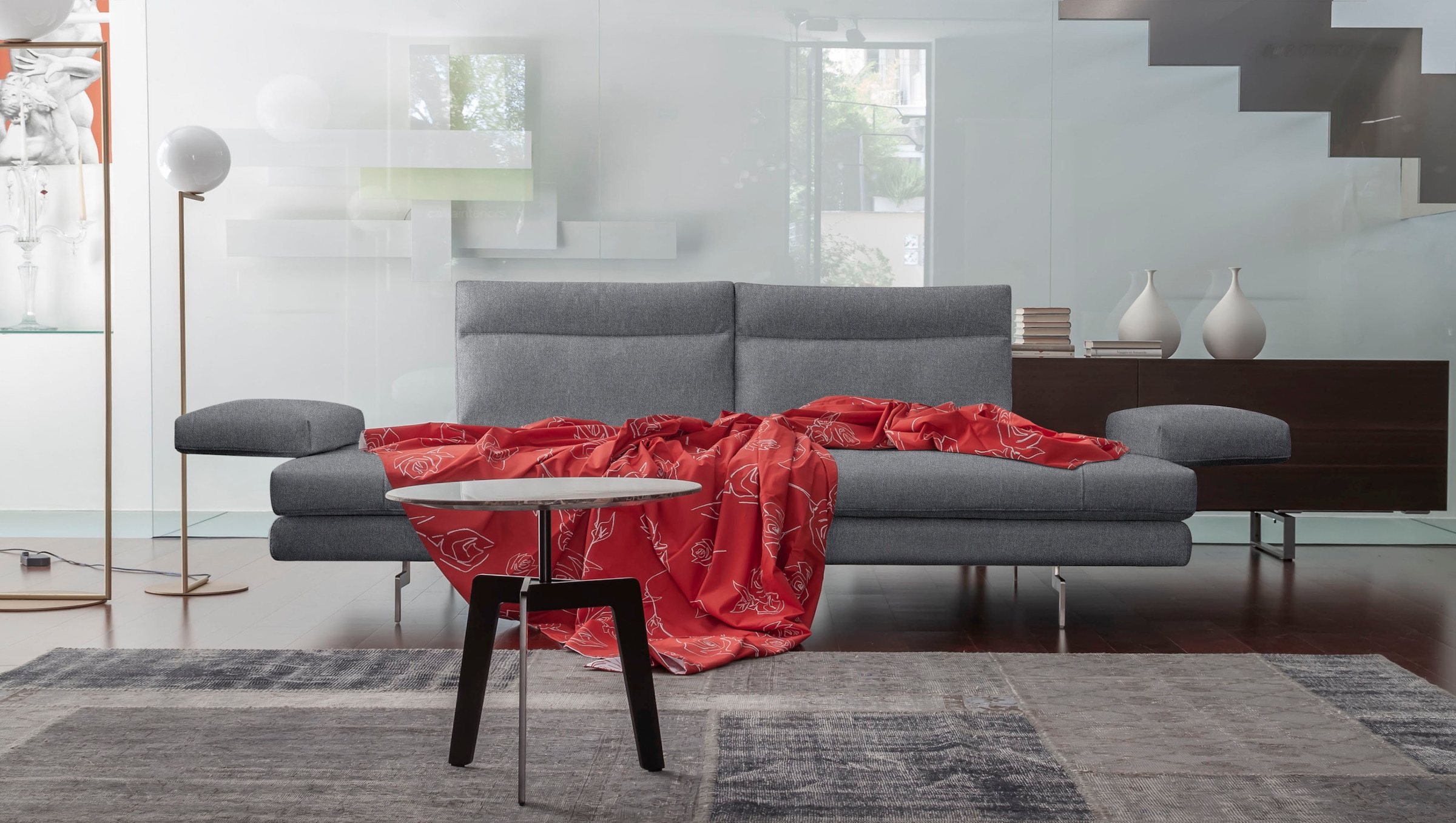 CALIA ITALIA 3,5-places »Toby Wing, 228 cm breit, Designsofa mit erstklassigem Sitzkomfort« avec réglage de la profondeur d'assise, pieds chromés brillants