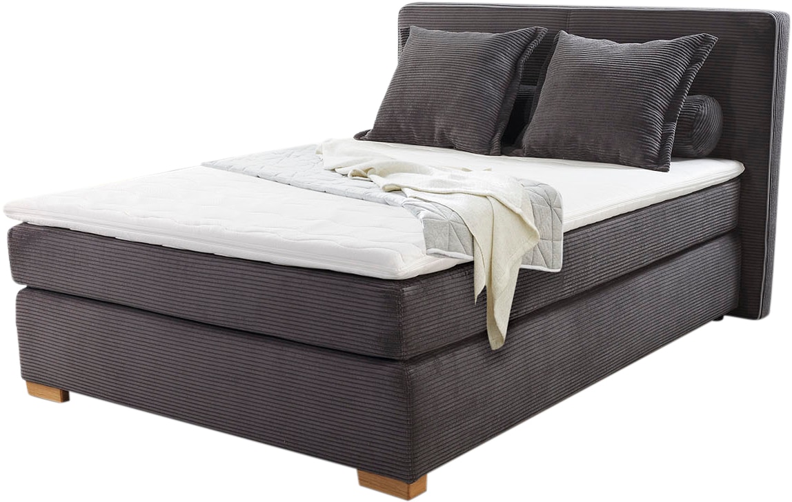 Jockenhöfer Gruppe Lit boxspring »Romy erhältlich in 140 & 180cm Breite« tissu en velours côtelé, matelas TTFK 7 zones, surmatelas KS, pieds en bois massif