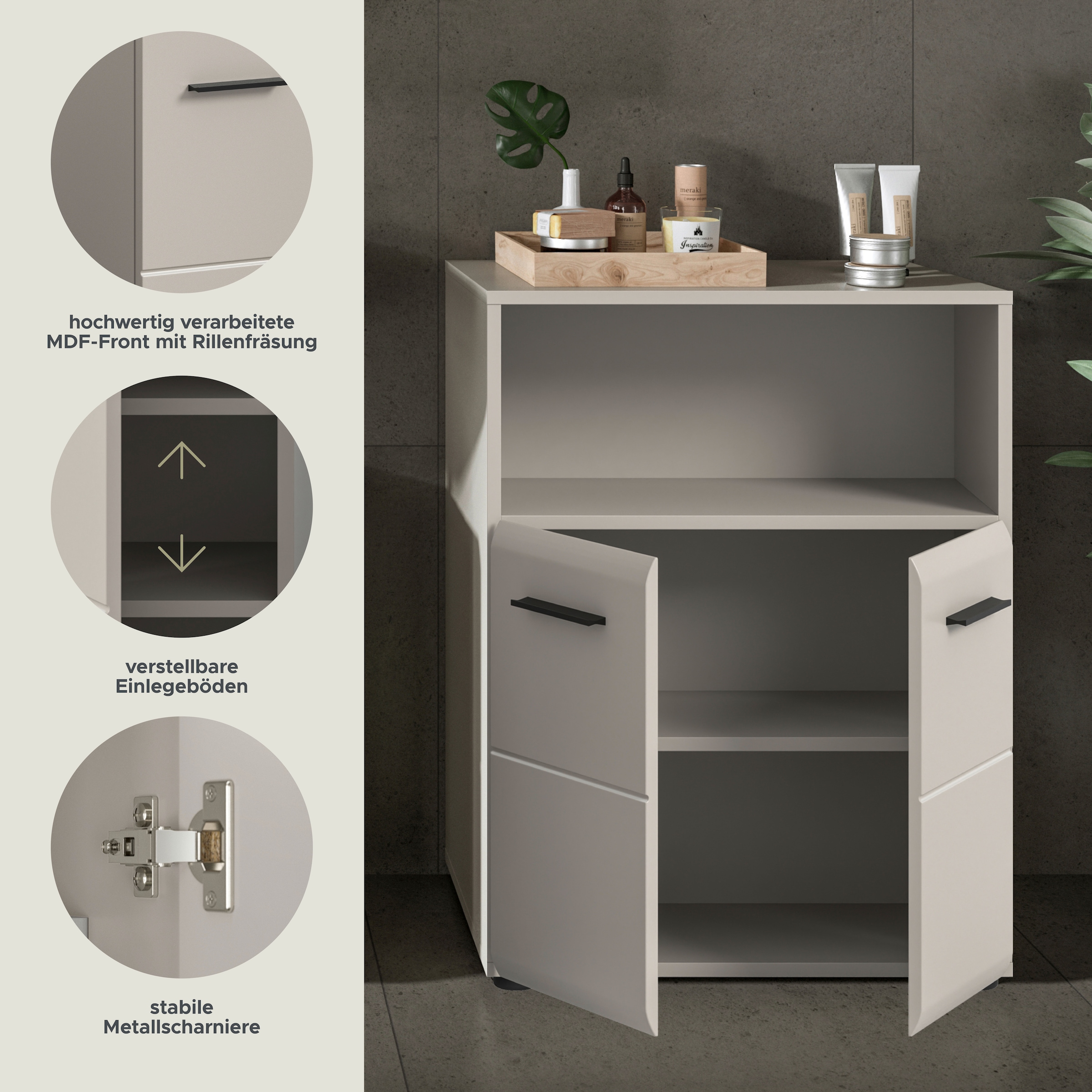 welltime Armoire intermédiaire »FLORENZ,  Breite 60 cm, 2 Türen, 1 Fachboden, 1 offene Fach« TOPSELLER!, 1 cuis tlg. hochwertige MDF Front, Griff schwarz, Badschrank, Bad