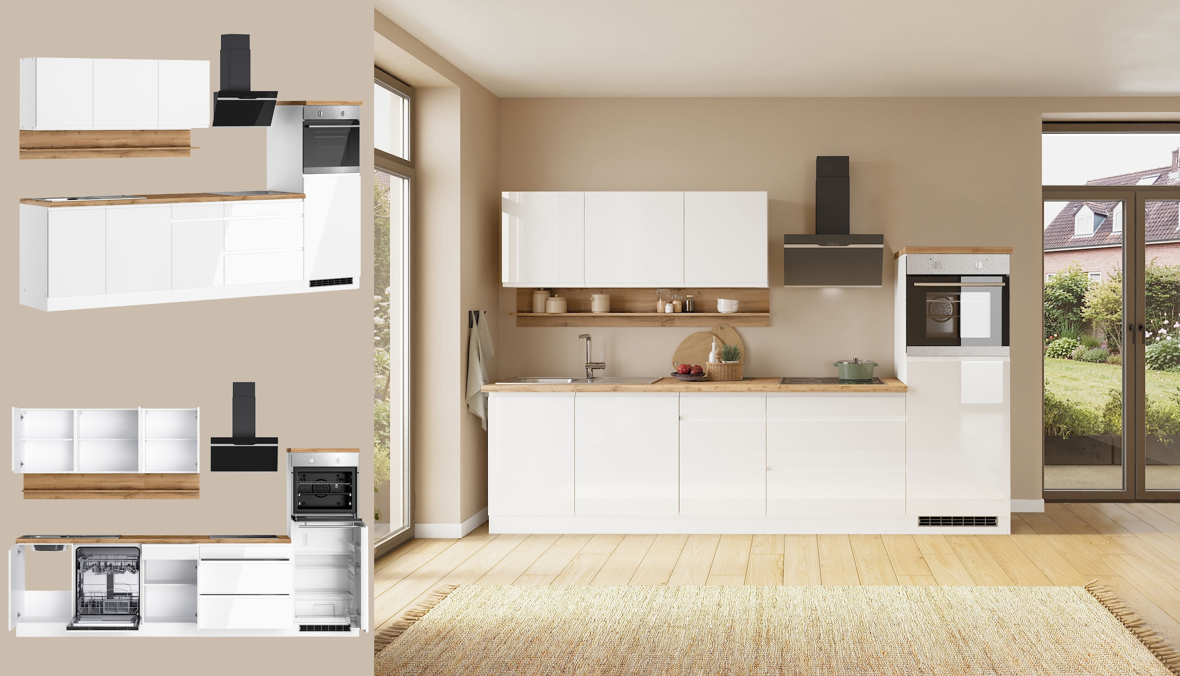 KOCHSTATION Küchenzeile »KS-Virginia,neu in verbesserter Ausführung« Arbeitsplatte 38 mm stark, Stauraum, Softclose,  Breite 300 cm, Soft-Close, ohne E-Geräte