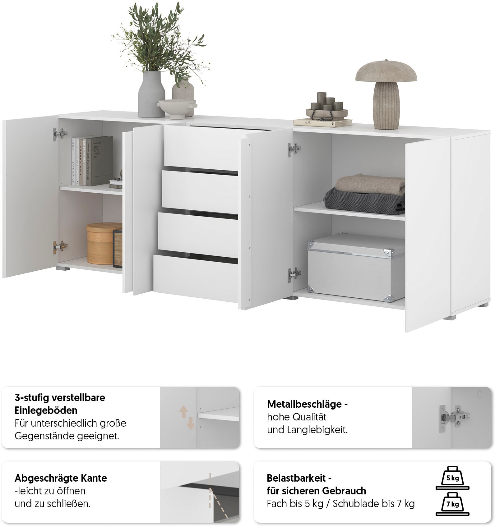 GOODproduct Buffet »Metric,Breite 222 cm, grifflose Kommode 4 Türen/4 Schubkästen« commode à tiroirs avec beaucoup de rangement, étagères réglables