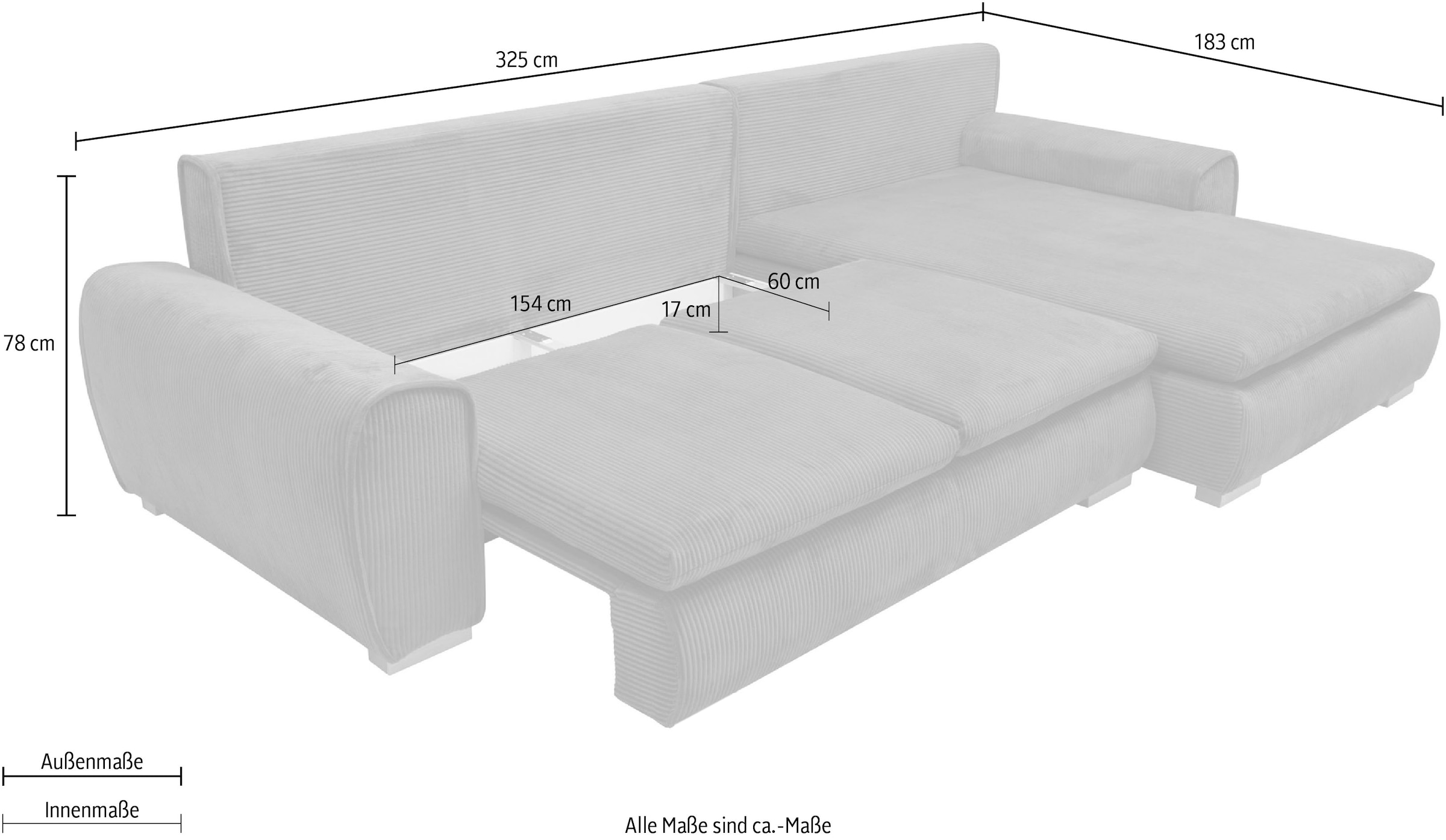 Home affaire Canapé d'angle »Katja L-Form, B: 325 cm - OTTO. Verlässliche Qualität.« Fonction lit, coffre de lit & 4 coussins décoratifs