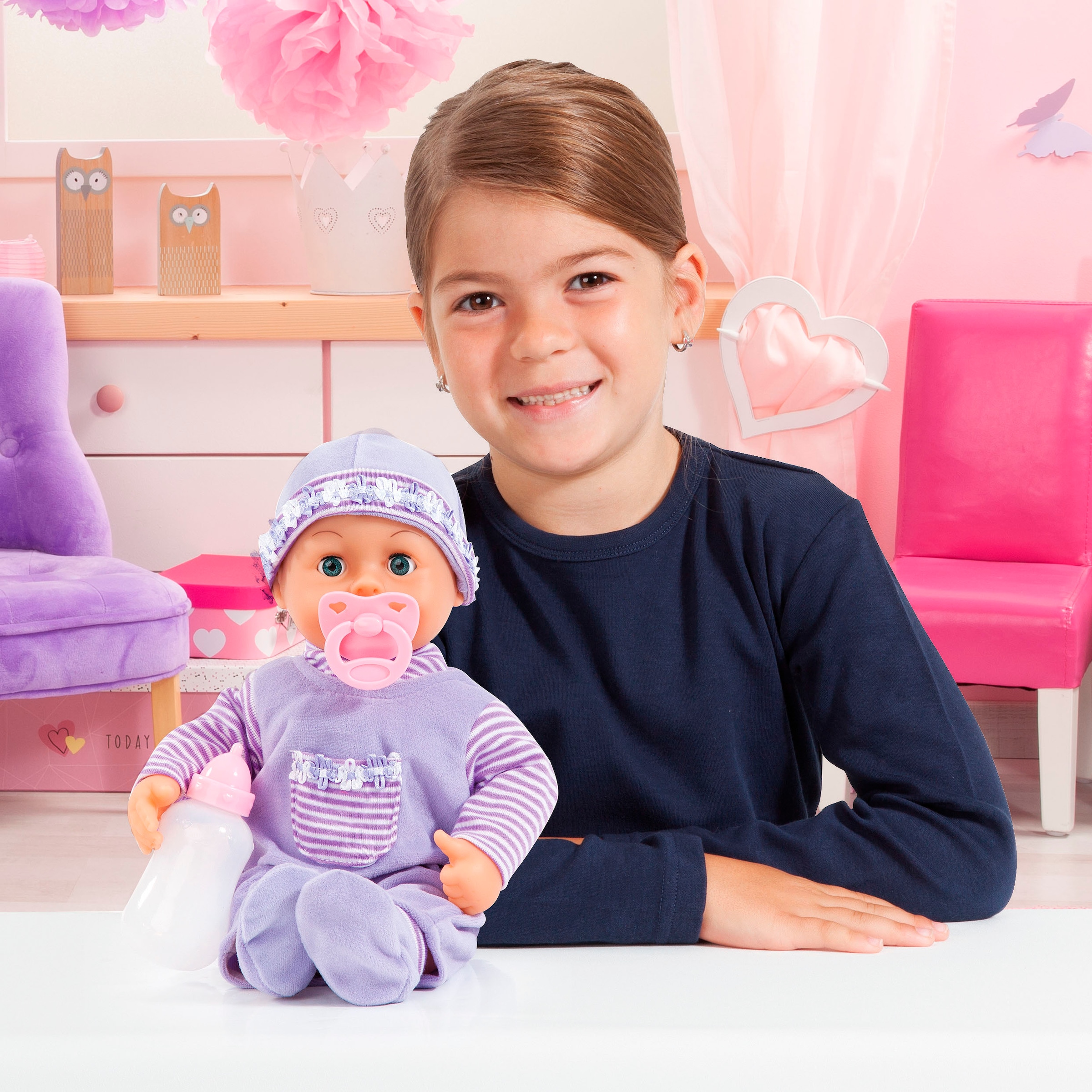 Bayer Babypuppe »First Words Baby, 38 cm, lila« mit Schlafaugen und Babygeräuschen