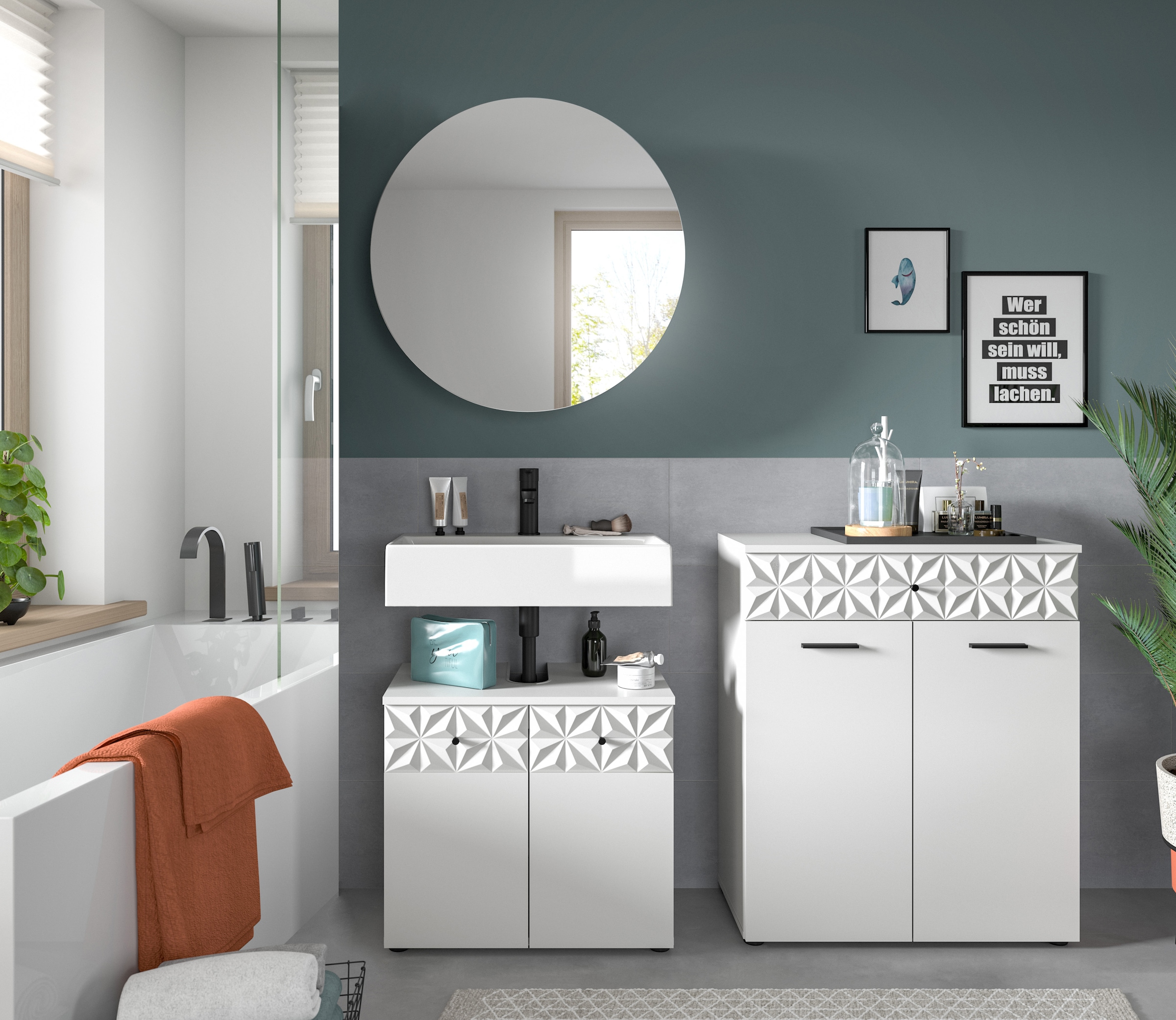 INOSIGN Badezimmer-Set »VICENZA, TOPSELLER!, Breite 145cm, 3-teilig, mit Ornamentabsetzung« best. aus: Waschbeckenunterschrank, Spiegelschrank und Unterschrank, 