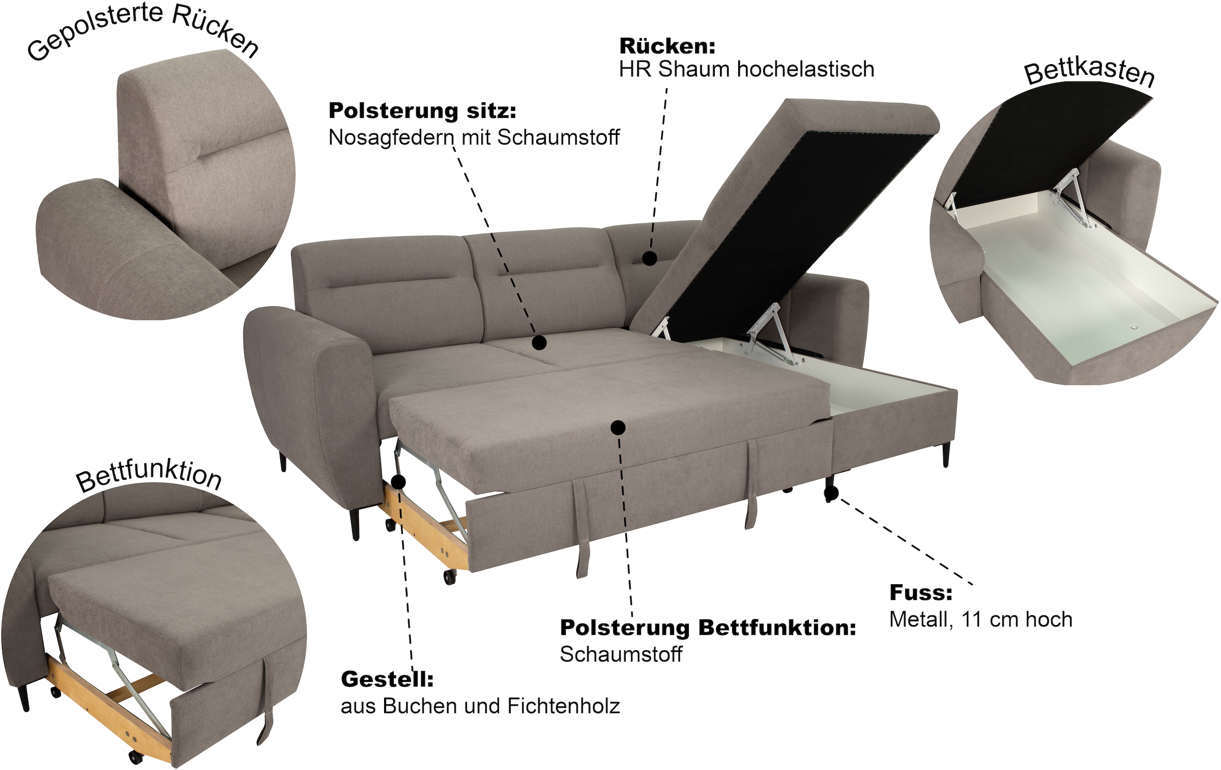 Trends by HG Canapé d'angle »Bella L-Form, B: 248 cm« avec fonction lit et coffre de rangement