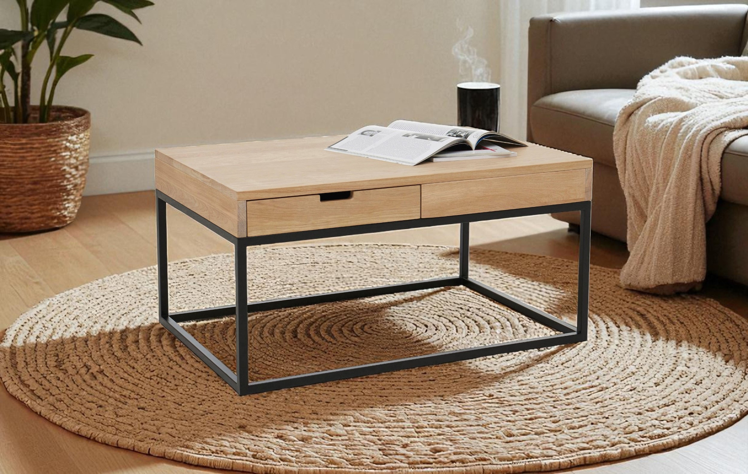 Home affaire Couchtisch »Rava« B/T/H: 90/60/45 cm,  aus Eichenholz, FSC® zertifiziert, mit 2 Schubladen, Metallgestell