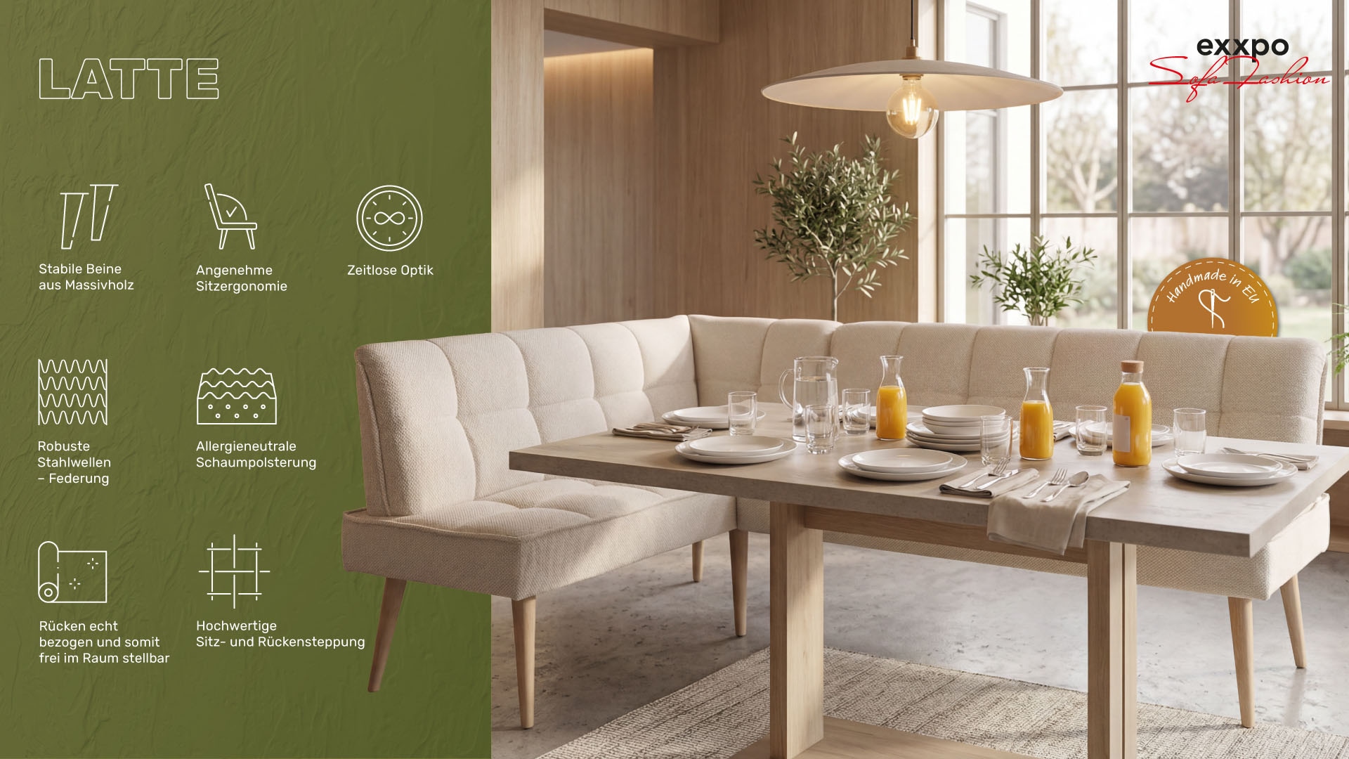 exxpo - sofa fashion Eckbank »Latte« moderne Sitz- und Rückensteppung, bequem und elegant, hoher Holzfuss