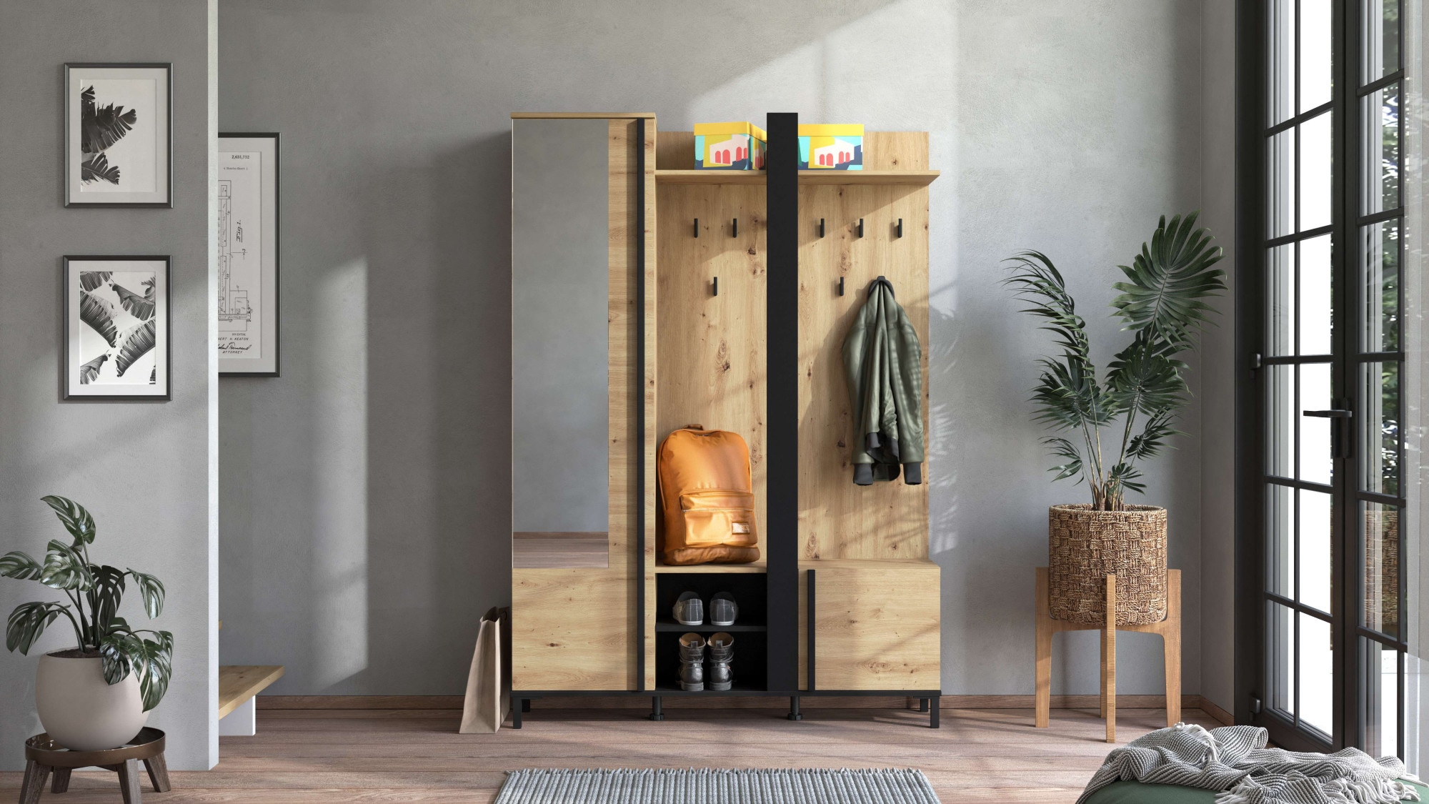 Home affaire Vestiaire compact »Nino Flurgarderobe, Dielenschrank, Flurmöbel, Garderobe, Breite 135 cm« Schuhschrank, Spiegel, Haken, viel Stauraum, ideal für kleine Räume