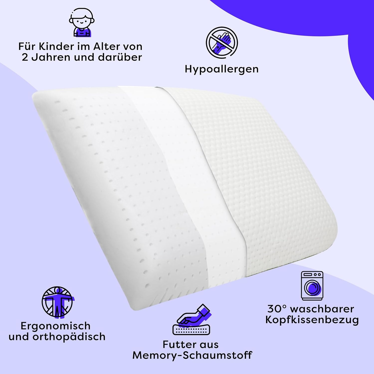 Wolkenfeld Oreiller pour bébé »Eron Kinderkissen« Weiches und Atmungsaktives Kinderkopfkissen - Natürliches Memory Foam
