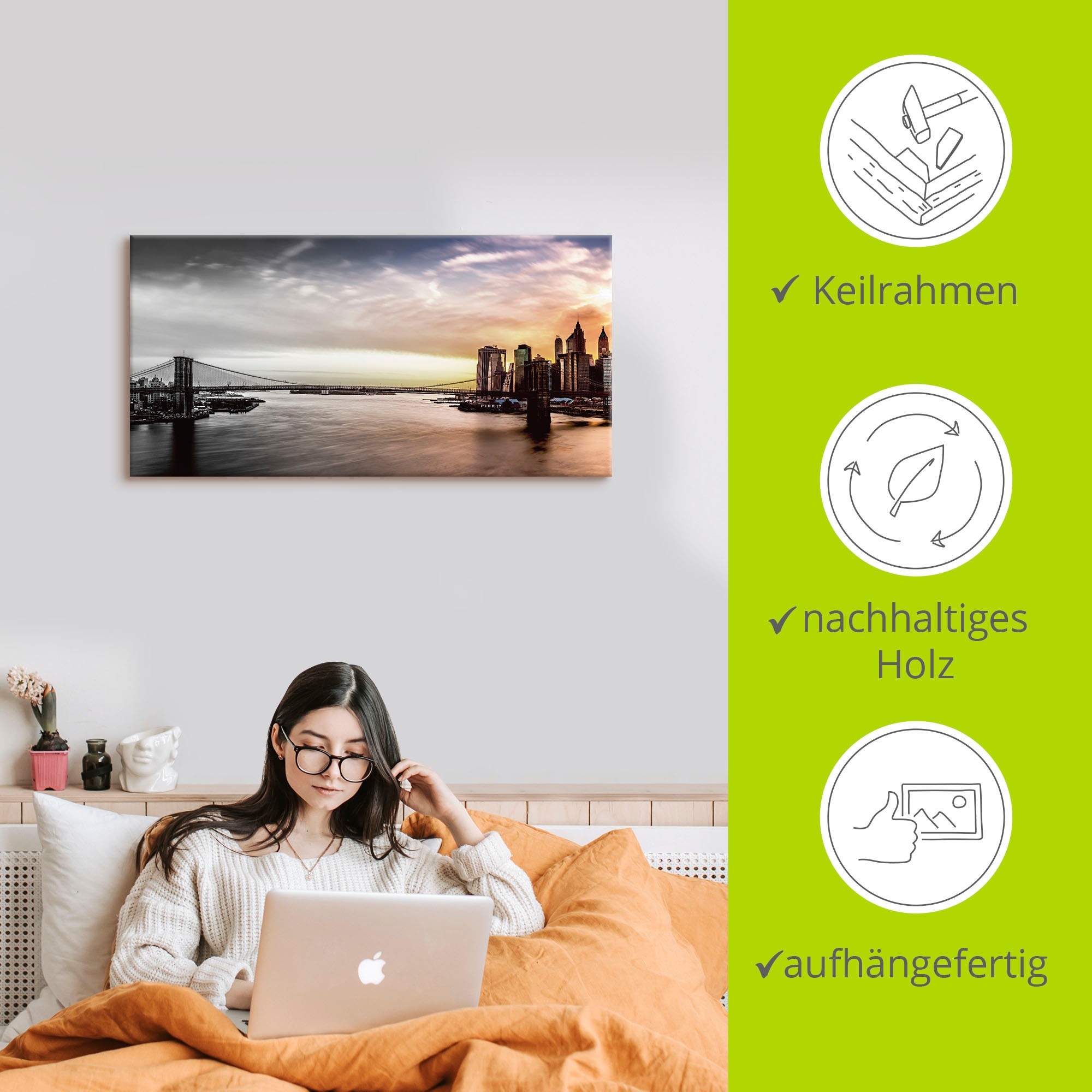 Artland Wandbild »Brooklyn Bridge Panorama« Amerika 1 Stk. tlg. auf Holzrahmen gespannt