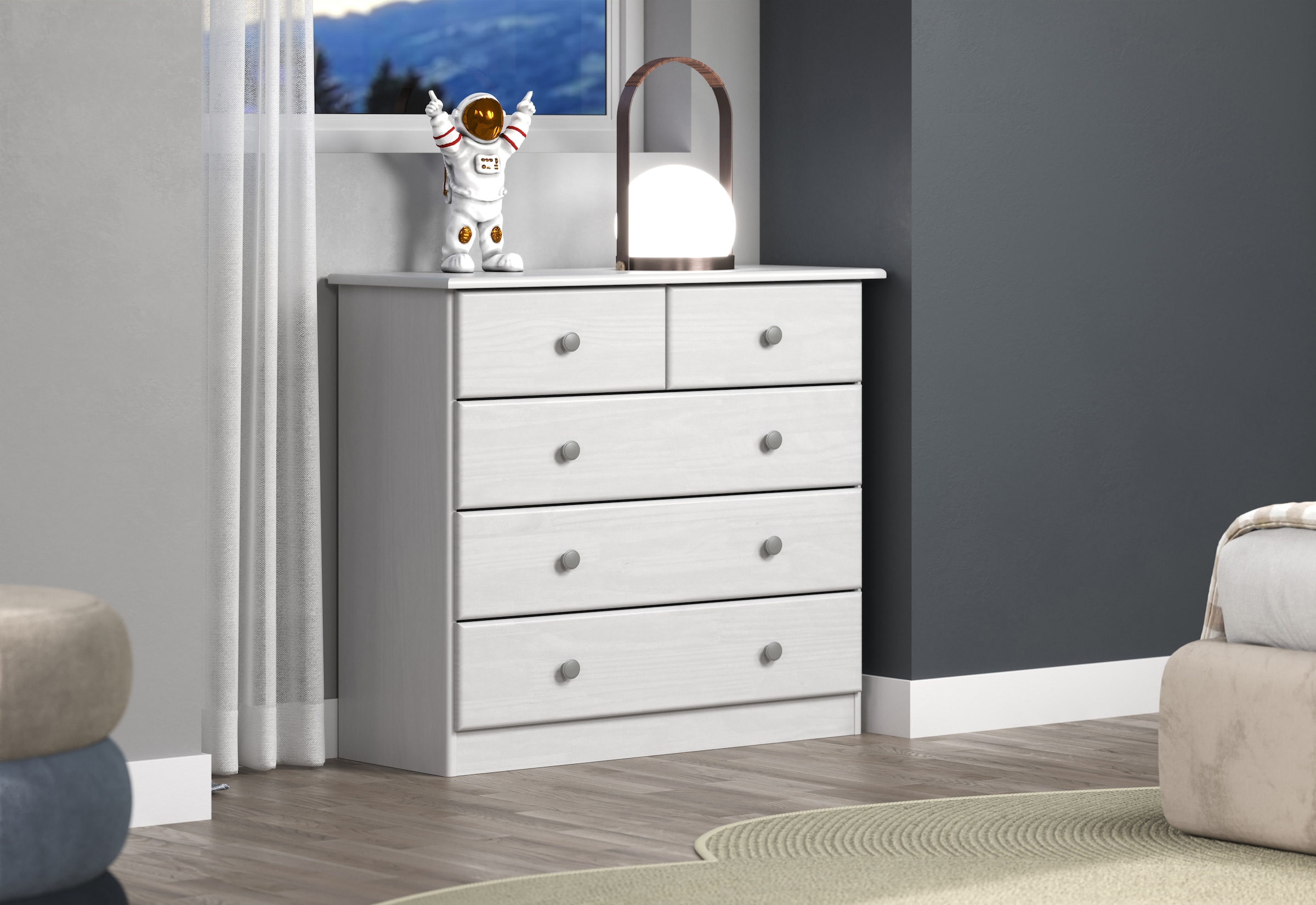 Home affaire Schubkastenkommode »Delsbo Kommode Wäscheschrank Beistellschrank Schrank Bestseller« Landhaus Design aus Kiefernholz, 1 Stk. tlg. Massivholz Sideboard mit 5 Schubladen - Metall-Knopfgriffe