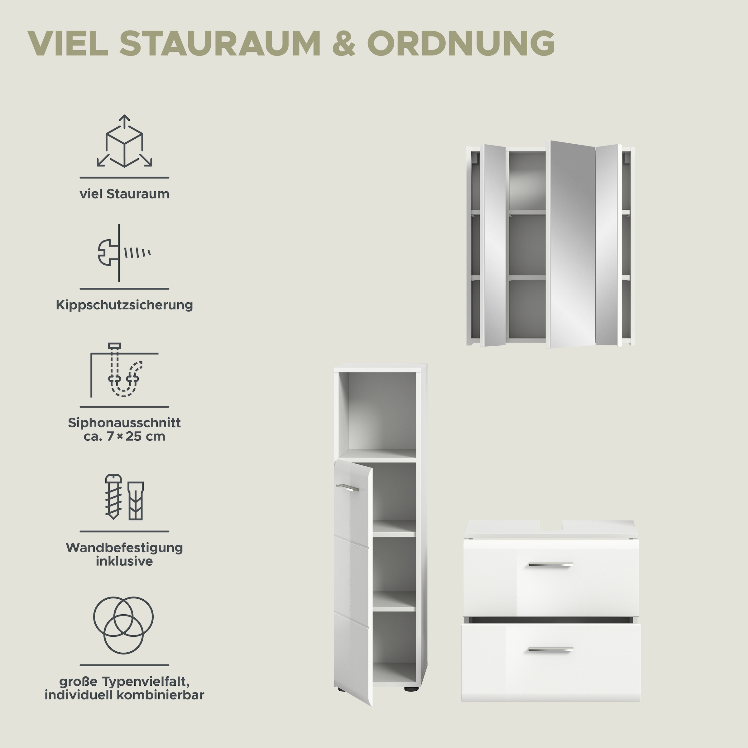 INOSIGN Badmöbel-Set »FLORENZ, TOPSELLER!, 3-teilige Badkombination, hochwertige MDF-Front« best. aus: Midischrank hoch, Waschbeckenunterschrank, Spiegelschrank, 